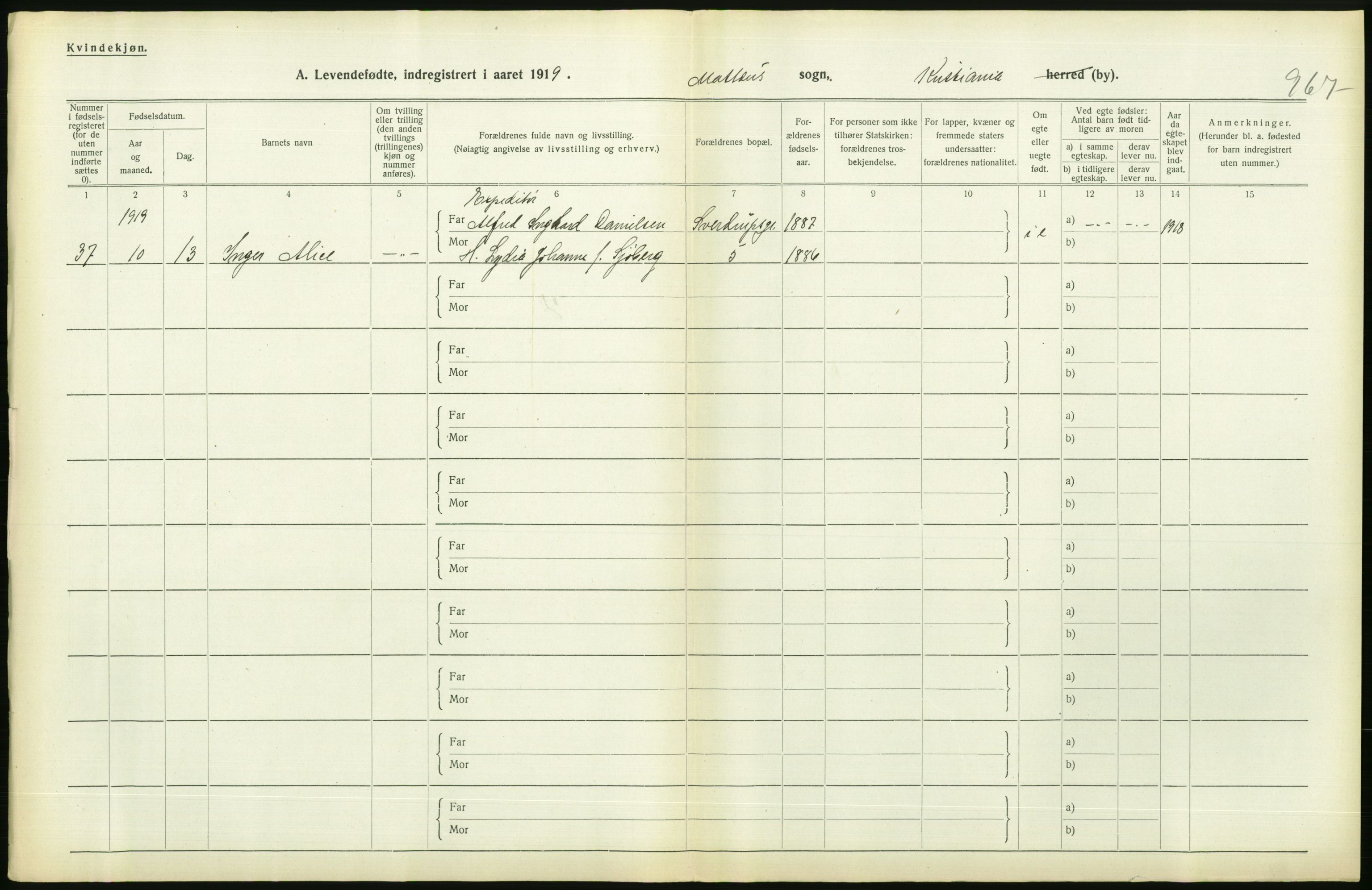 Statistisk sentralbyrå, Sosiodemografiske emner, Befolkning, AV/RA-S-2228/D/Df/Dfb/Dfbi/L0008: Kristiania: Levendefødte menn og kvinner., 1919