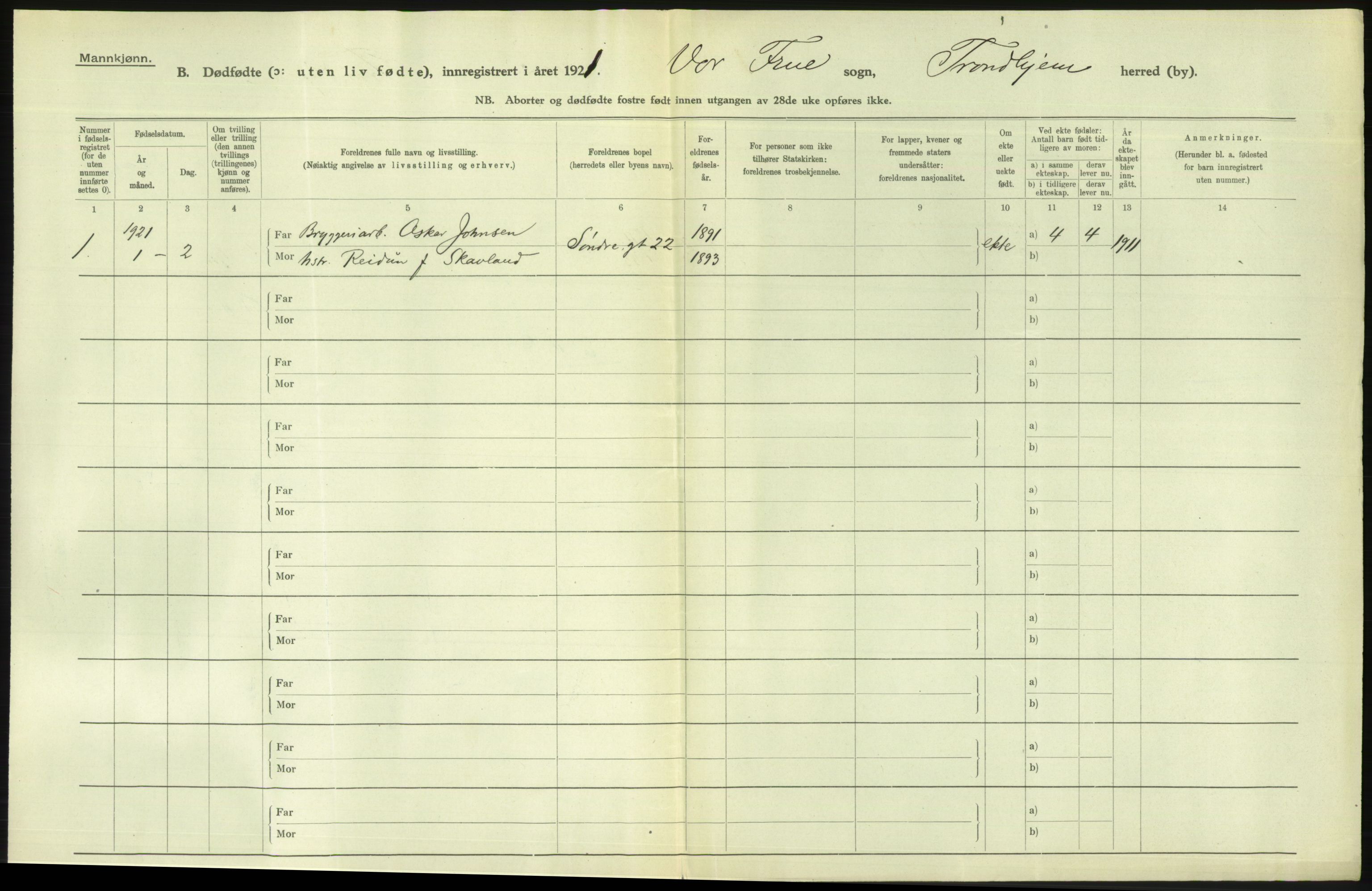 Statistisk sentralbyrå, Sosiodemografiske emner, Befolkning, AV/RA-S-2228/D/Df/Dfc/Dfca/L0046: Trondheim: Døde, dødfødte., 1921, s. 296