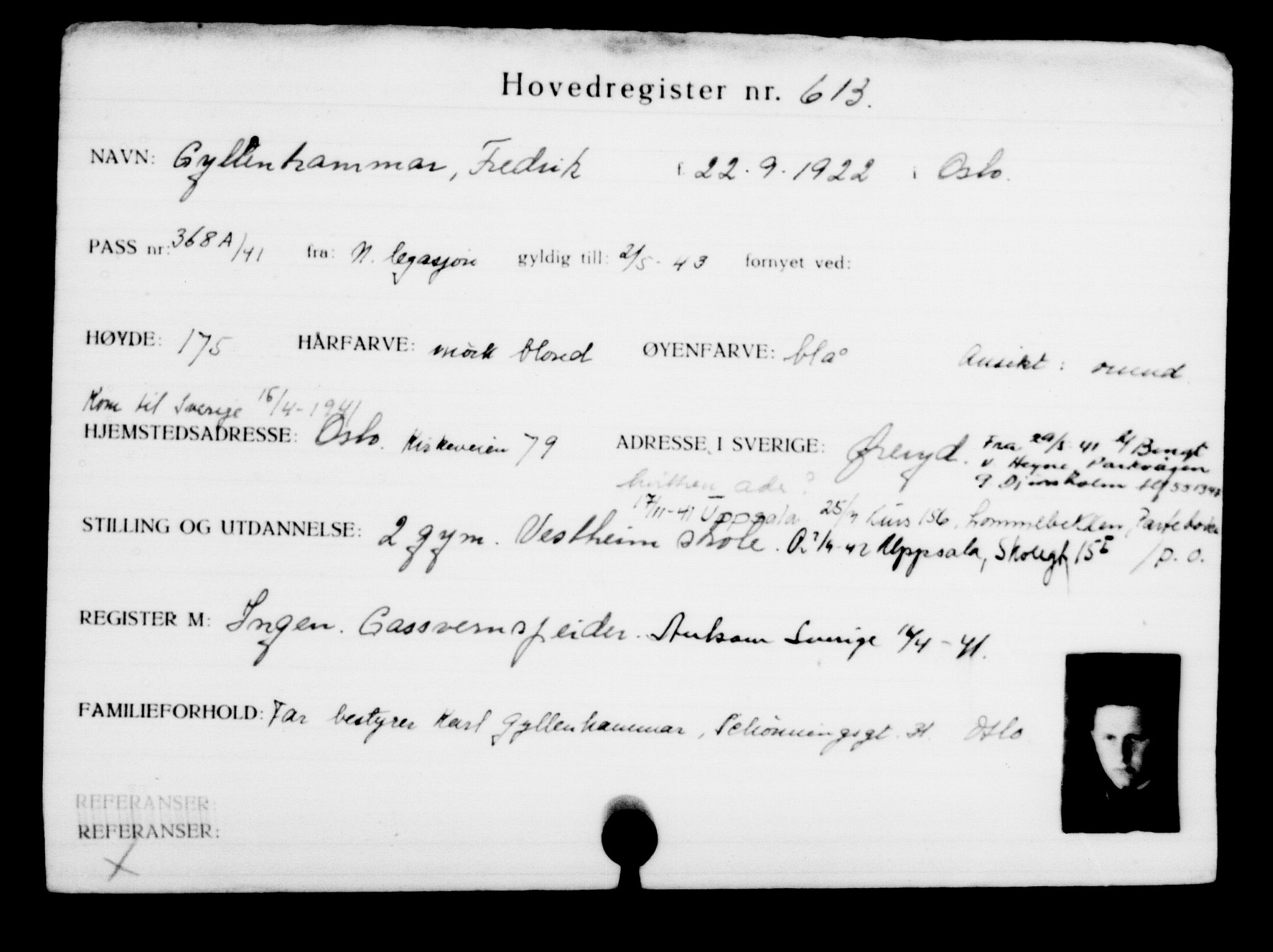 Utenriksstasjonene, Legasjonen i Stockholm, Flyktningkontoret, AV/RA-S-6753/V/Va/L0001: Kjesäterkartoteket, flyktninger med registreringsnr. 1-1000, 1940-1945, s. 959