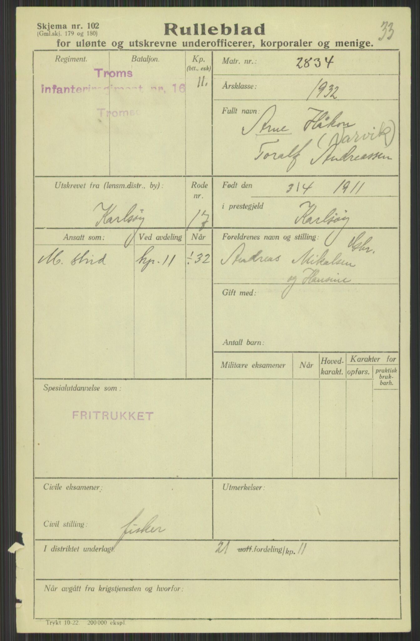 Forsvaret, Troms infanteriregiment nr. 16, AV/RA-RAFA-3146/P/Pa/L0016: Rulleblad for regimentets menige mannskaper, årsklasse 1932, 1932, s. 27