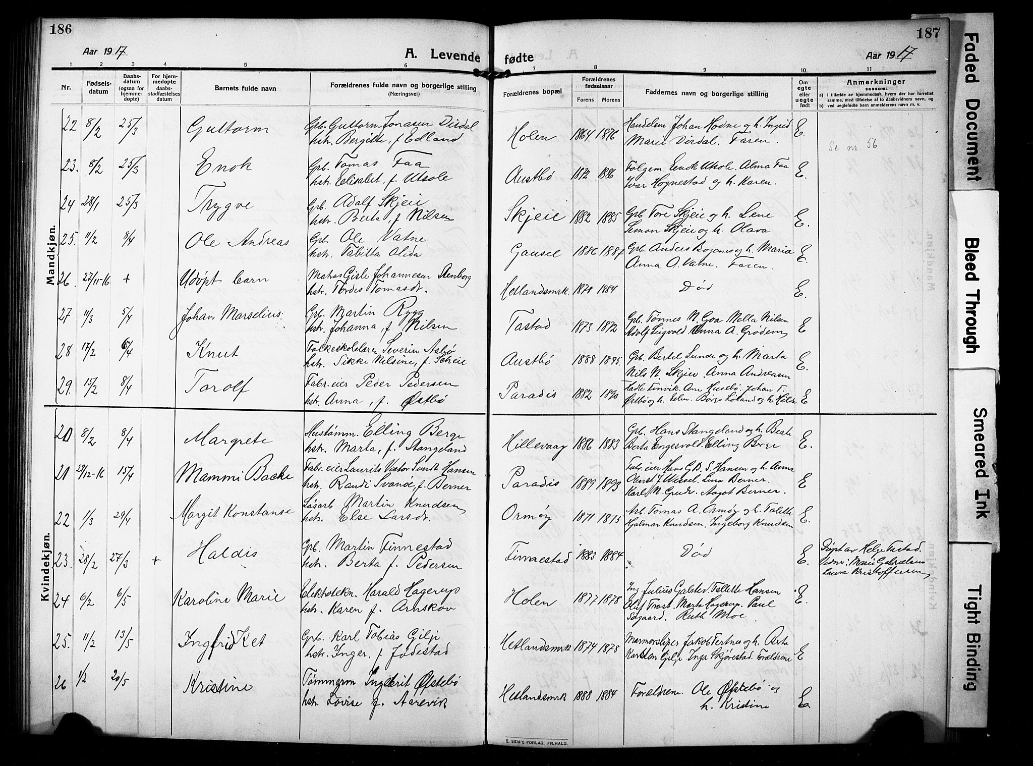 Hetland sokneprestkontor, AV/SAST-A-101826/30/30BB/L0008: Klokkerbok nr. B 8, 1910-1921, s. 186-187