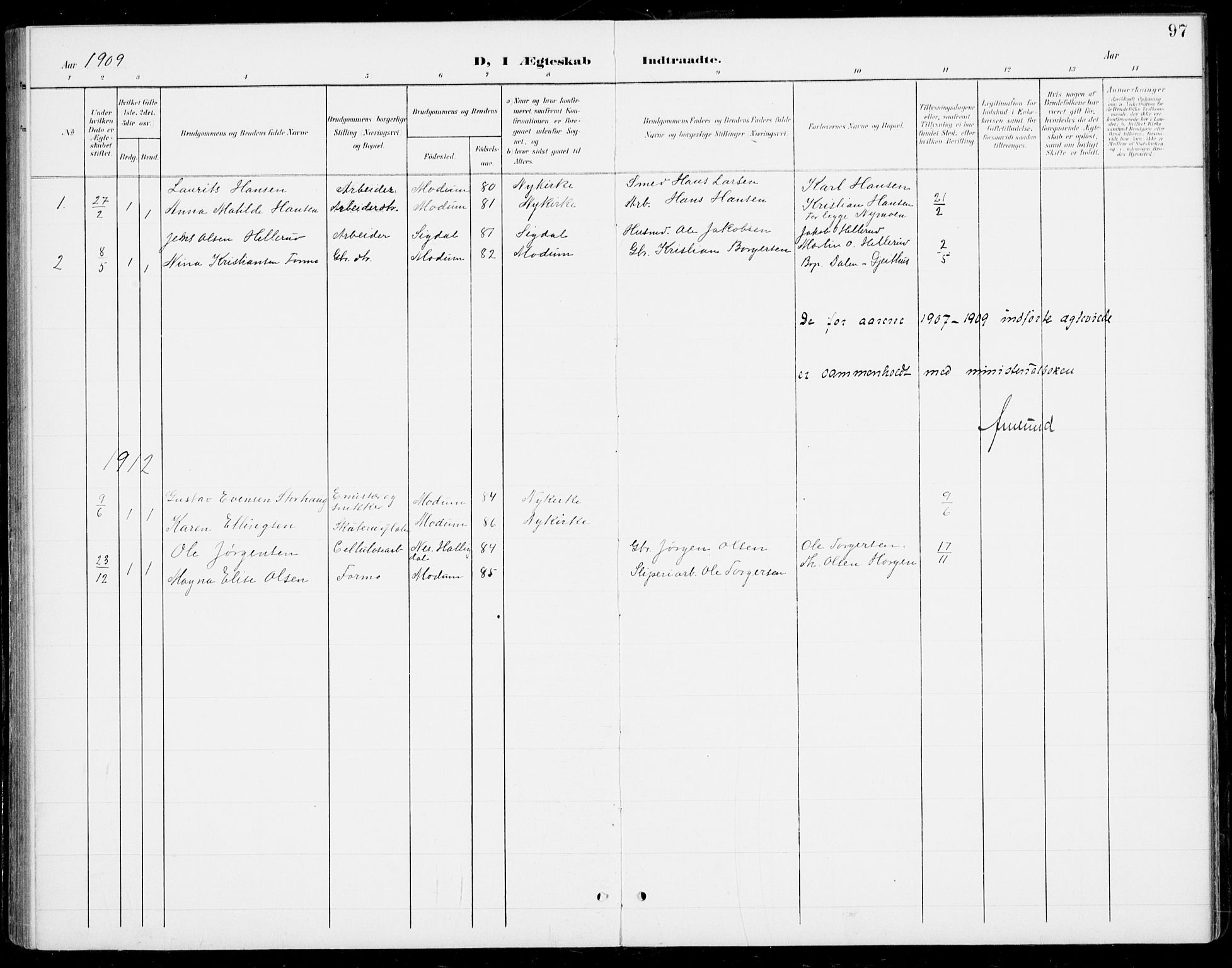 Modum kirkebøker, AV/SAKO-A-234/G/Gb/L0001: Klokkerbok nr. II 1, 1901-1942, s. 97