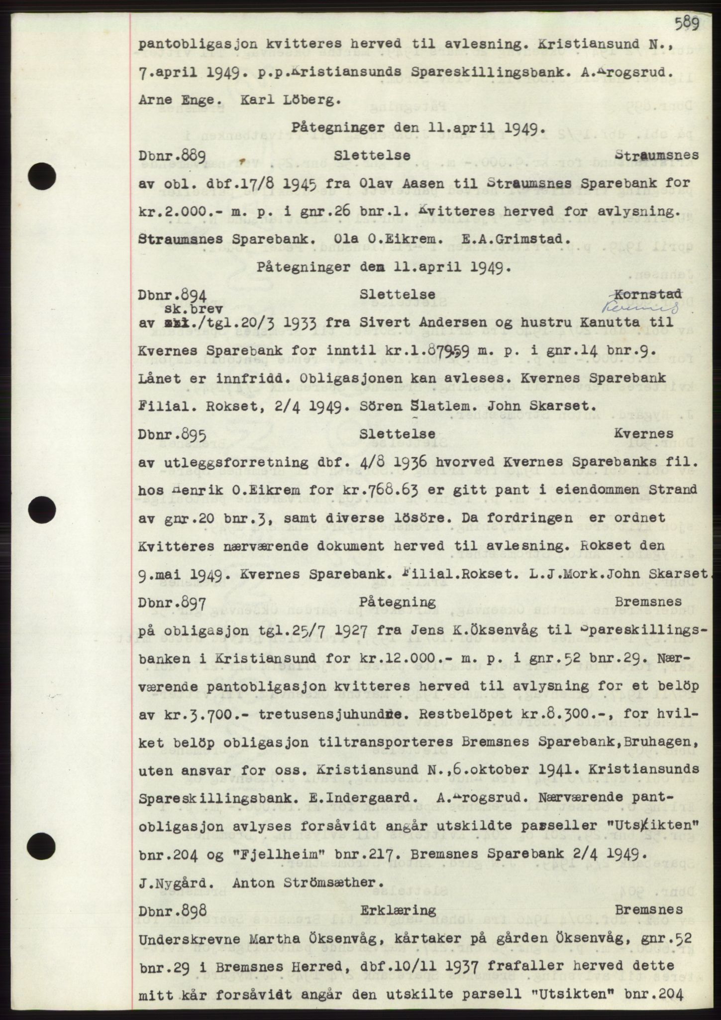 Nordmøre sorenskriveri, SAT/A-4132/1/2/2Ca: Pantebok nr. C82b, 1946-1951, Dagboknr: 889/1949