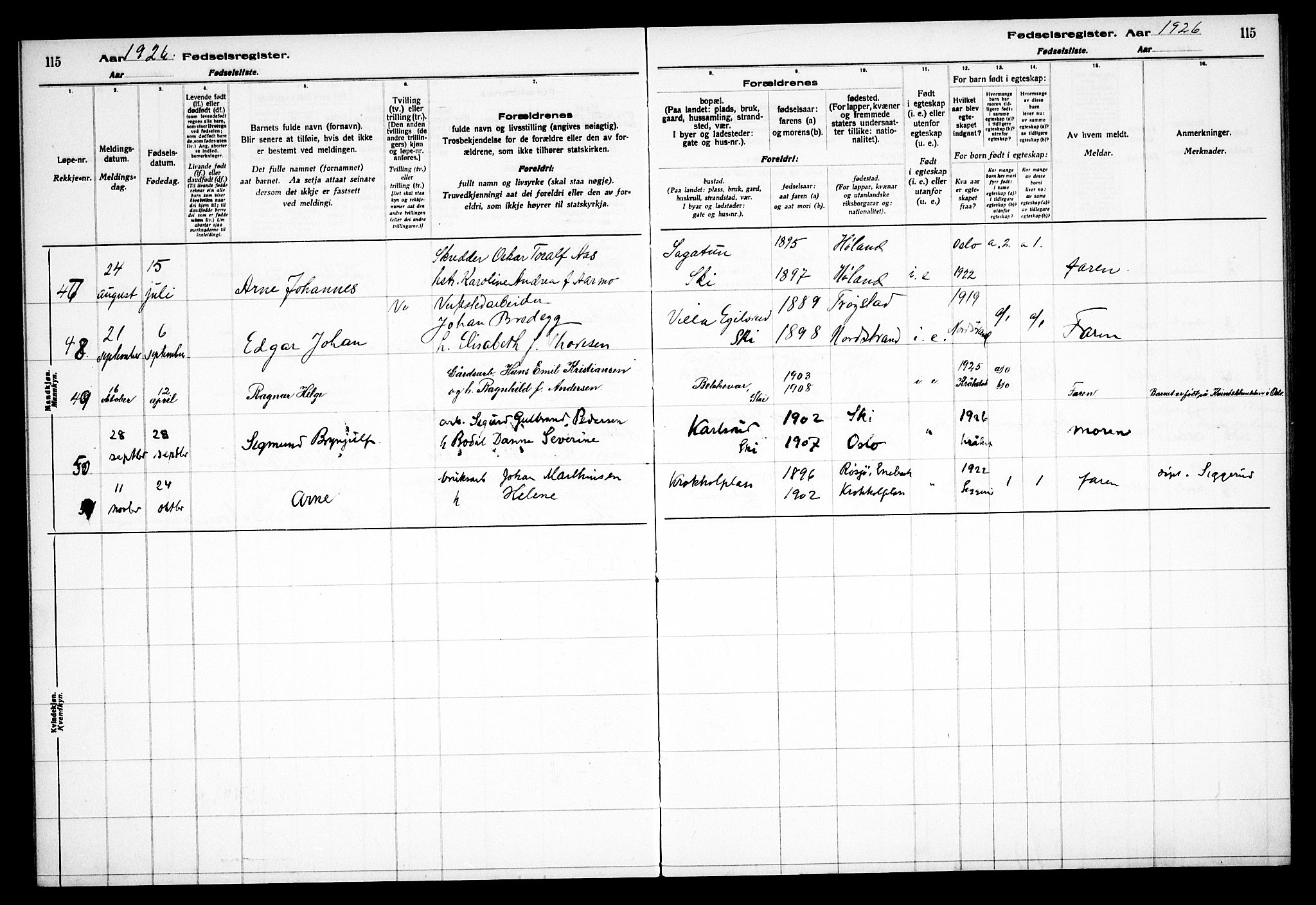 Kråkstad prestekontor Kirkebøker, AV/SAO-A-10125a/J/Jb/L0001: Fødselsregister nr. II 1, 1916-1936, s. 115