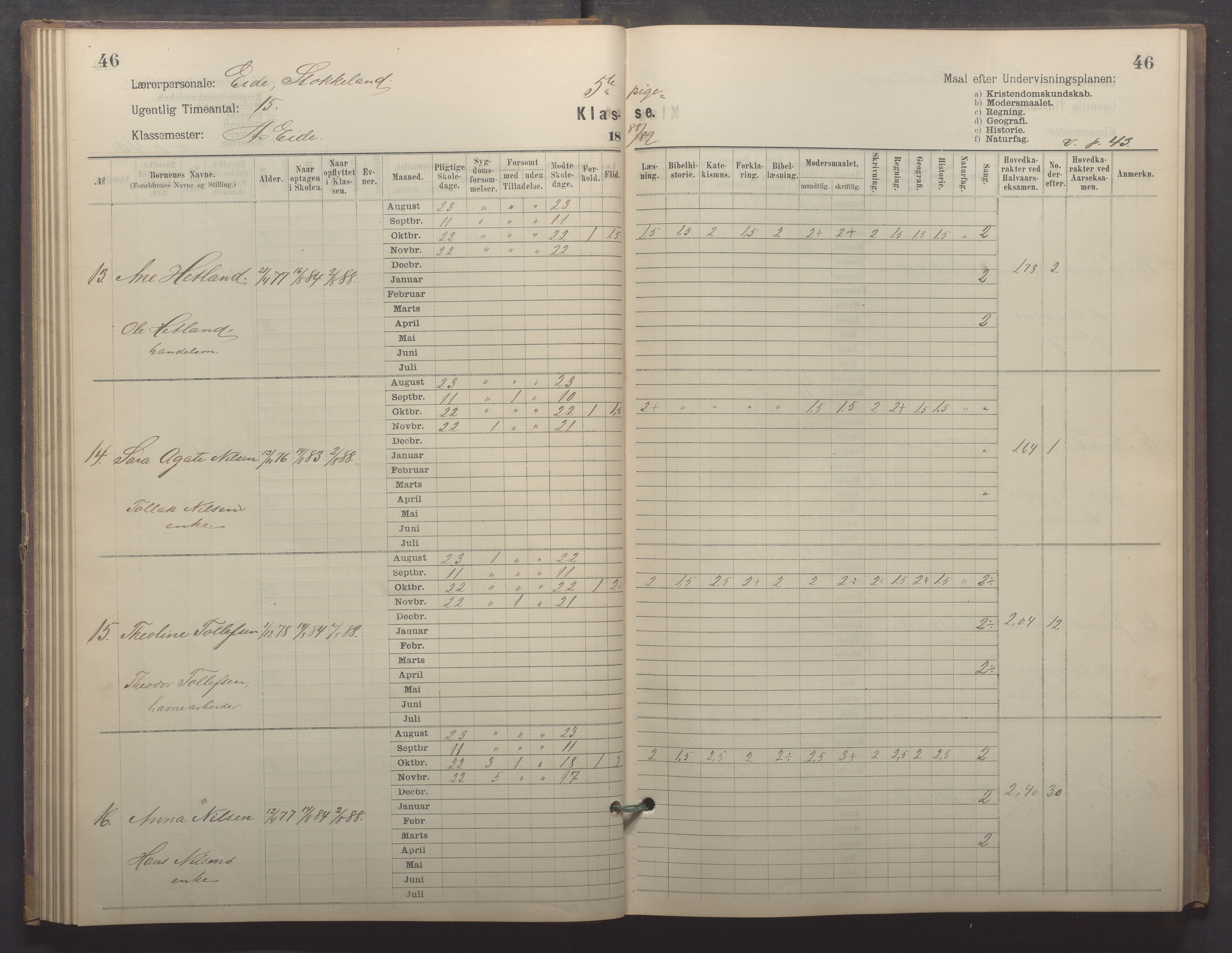 Egersund kommune (Ladested) - Egersund almueskole/folkeskole, IKAR/K-100521/H/L0022: Skoleprotokoll - Almueskolen, 5. klasse, 1886-1892, s. 46