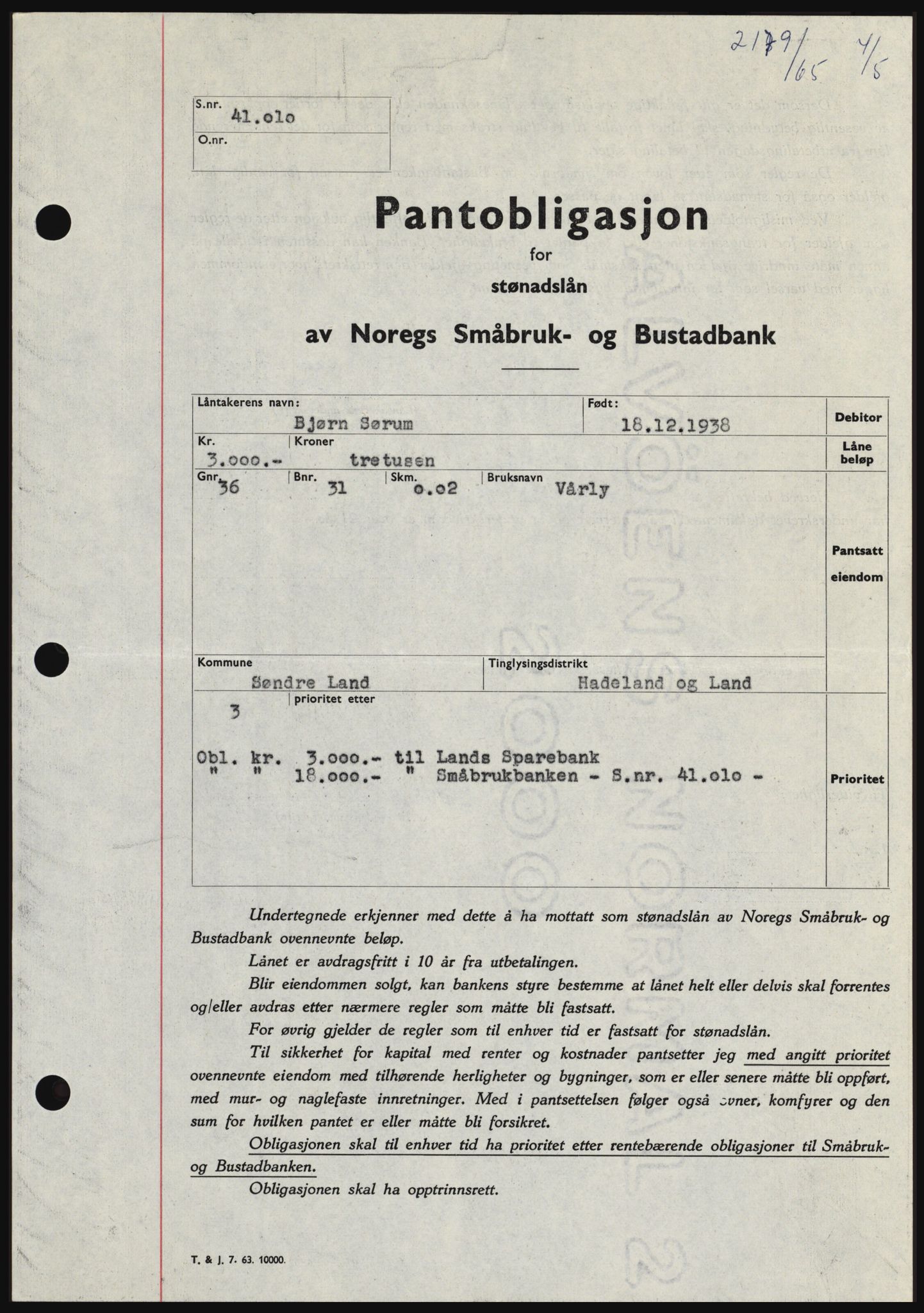 Hadeland og Land tingrett, SAH/TING-010/H/Hb/Hbc/L0058: Pantebok nr. B58, 1965-1965, Dagboknr: 2179/1965