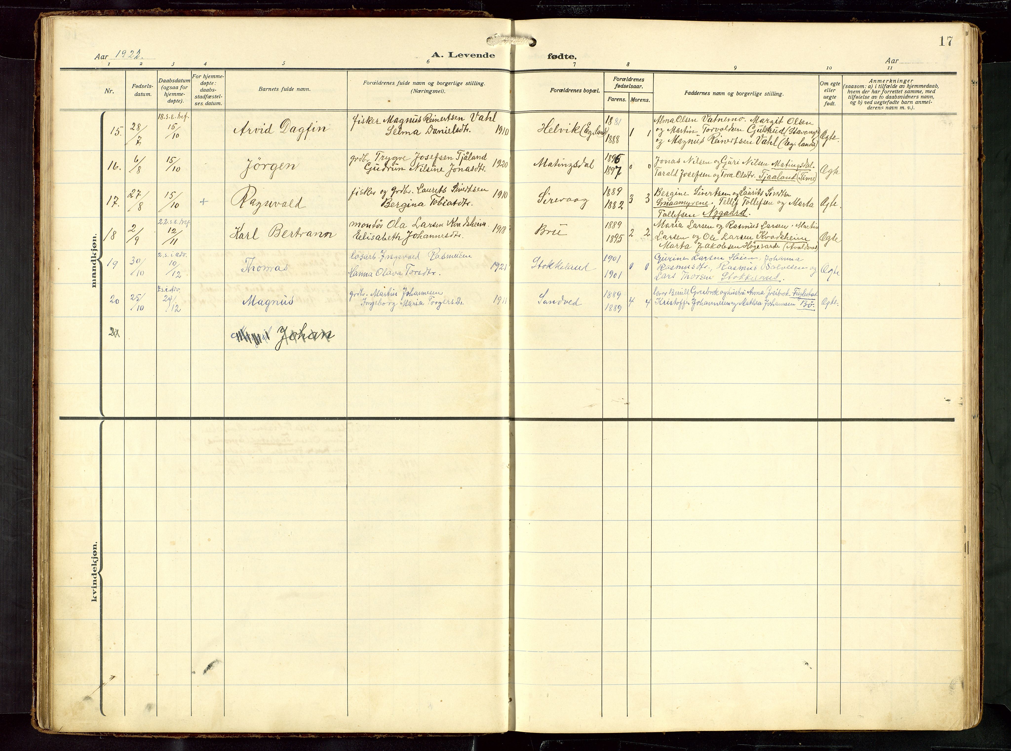 Eigersund sokneprestkontor, AV/SAST-A-101807/S09: Klokkerbok nr. B 22, 1915-1947, s. 17