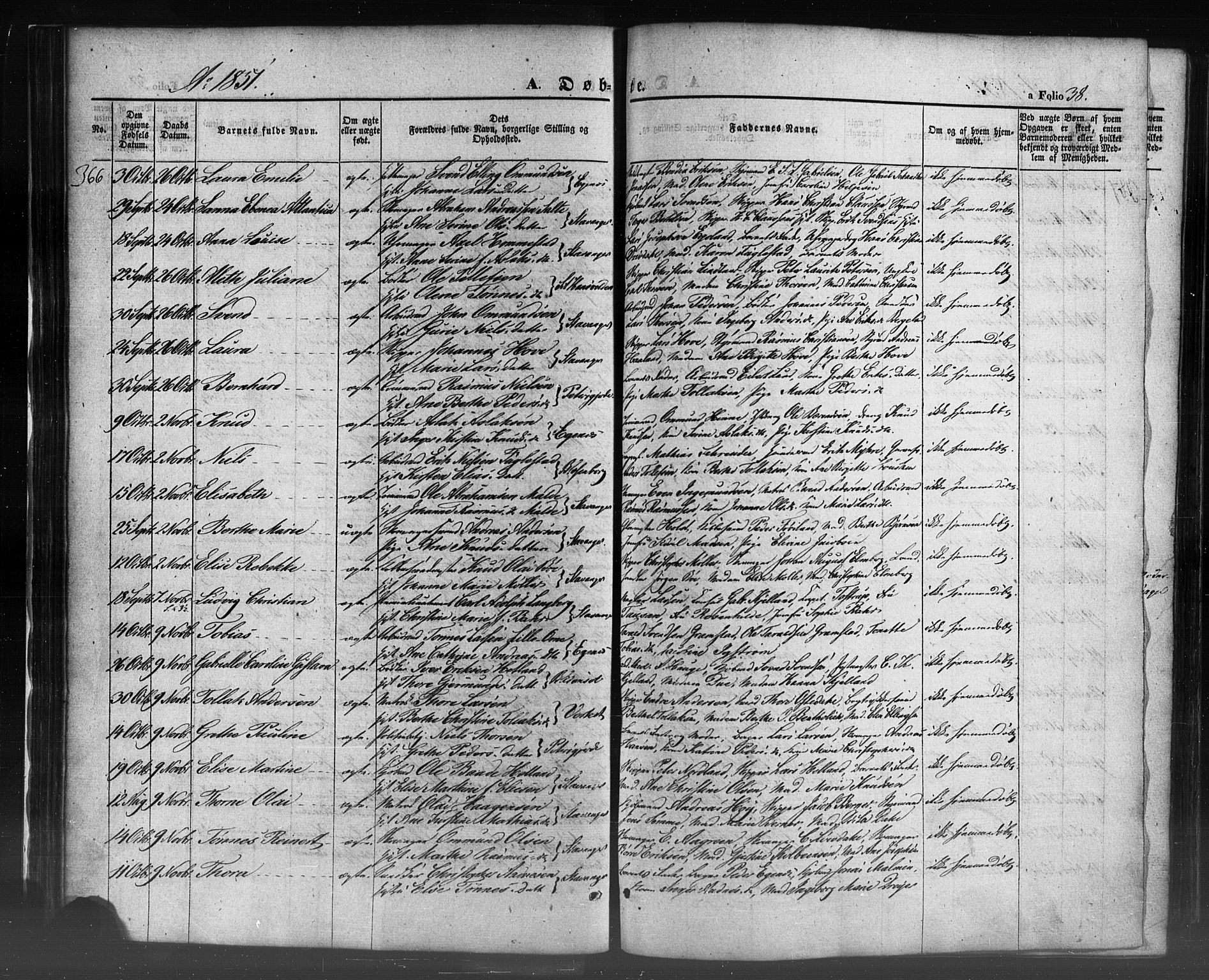 Domkirken sokneprestkontor, AV/SAST-A-101812/001/30/30BB/L0009: Klokkerbok nr. B 9, 1850-1858, s. 38