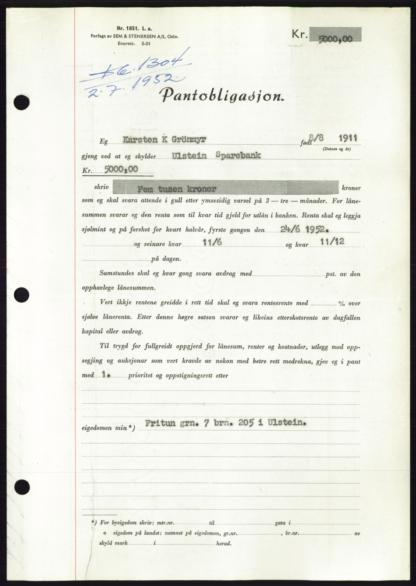 Søre Sunnmøre sorenskriveri, AV/SAT-A-4122/1/2/2C/L0121: Pantebok nr. 9B, 1951-1952, Dagboknr: 1304/1952