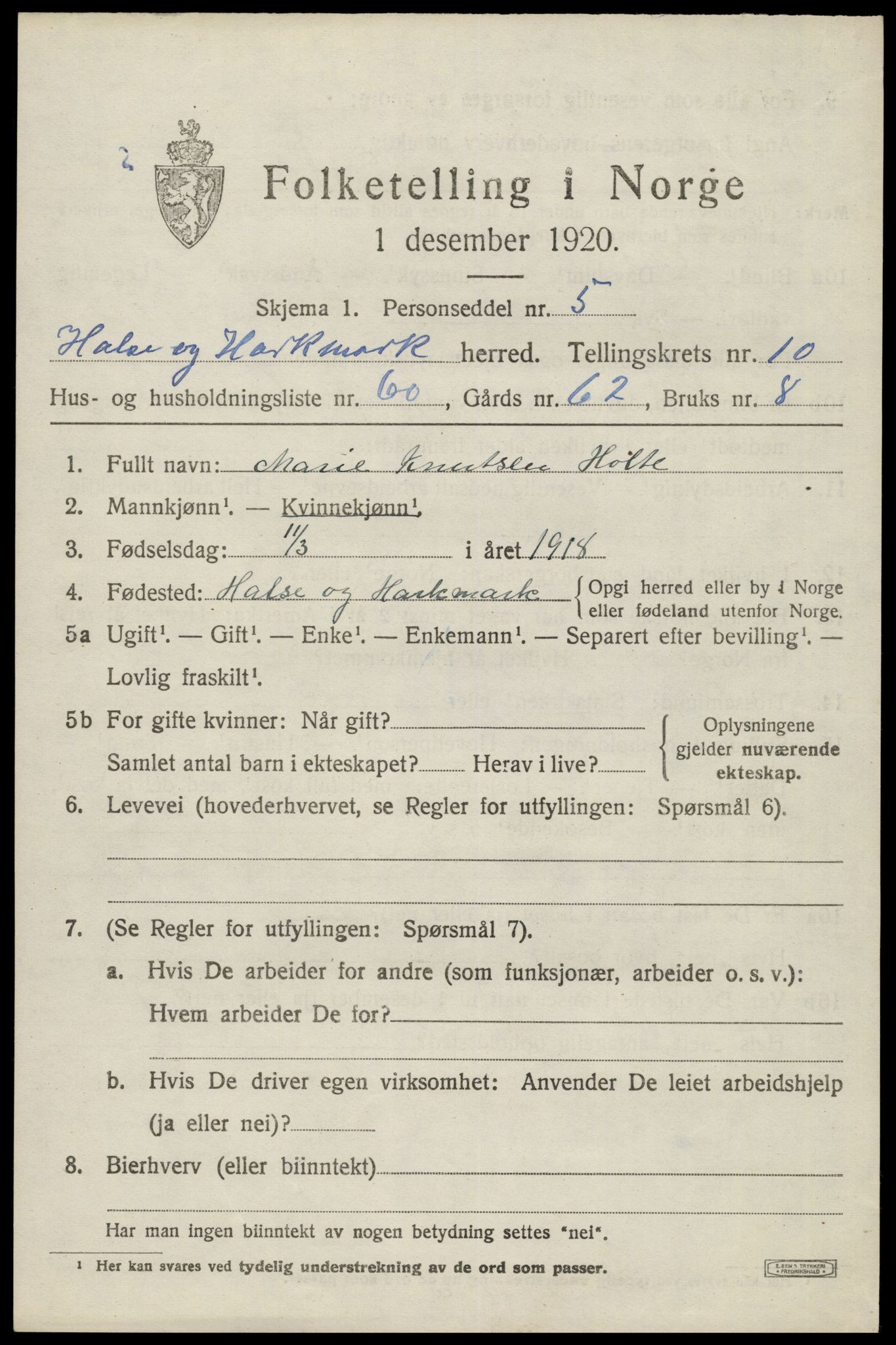 SAK, Folketelling 1920 for 1019 Halse og Harkmark herred, 1920, s. 6165