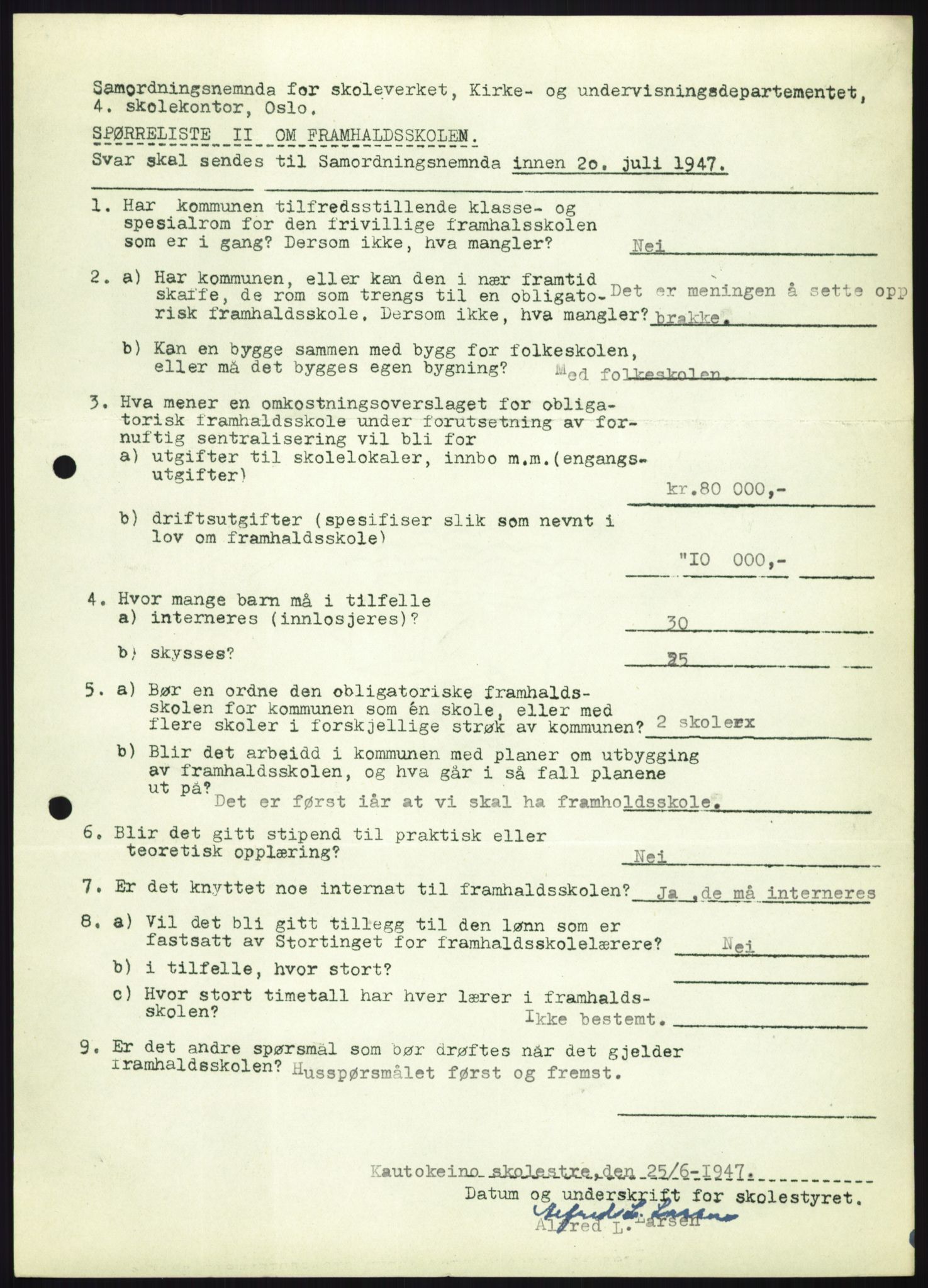 Kirke- og undervisningsdepartementet, Samordningsnemnda for skoleverket, AV/RA-S-1146/D/L0008: Svar på spørreskjema fra kommuner i Nord-Trøndelag, Nordland, Troms og Finnmark, 1947, s. 1054