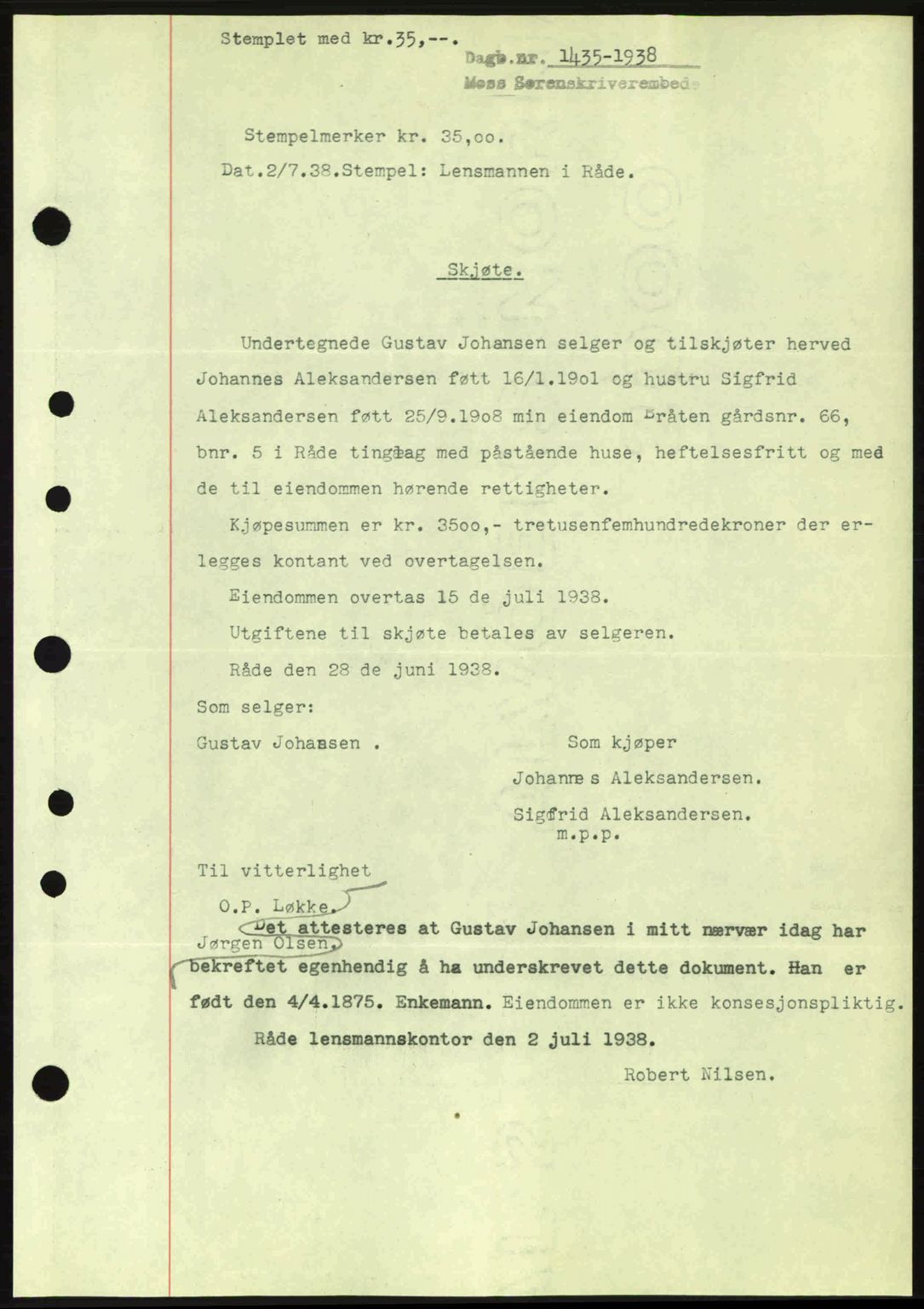 Moss sorenskriveri, SAO/A-10168: Pantebok nr. A4, 1938-1938, Dagboknr: 1435/1938