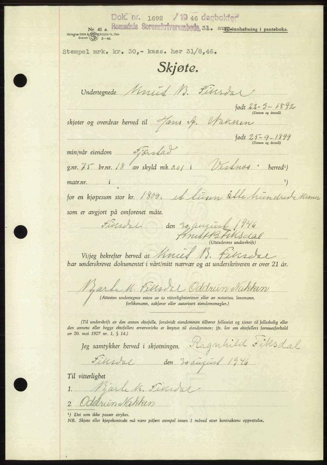 Romsdal sorenskriveri, AV/SAT-A-4149/1/2/2C: Pantebok nr. A20, 1946-1946, Dagboknr: 1692/1946