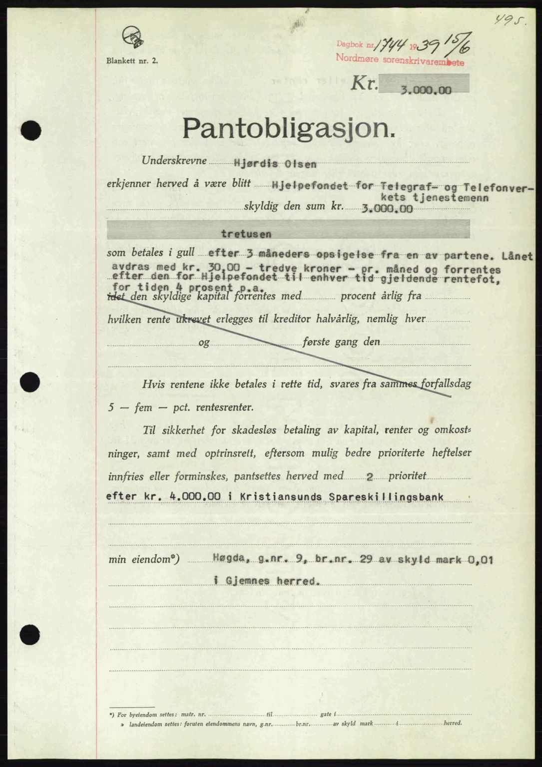 Nordmøre sorenskriveri, AV/SAT-A-4132/1/2/2Ca: Pantebok nr. B85, 1939-1939, Dagboknr: 1744/1939