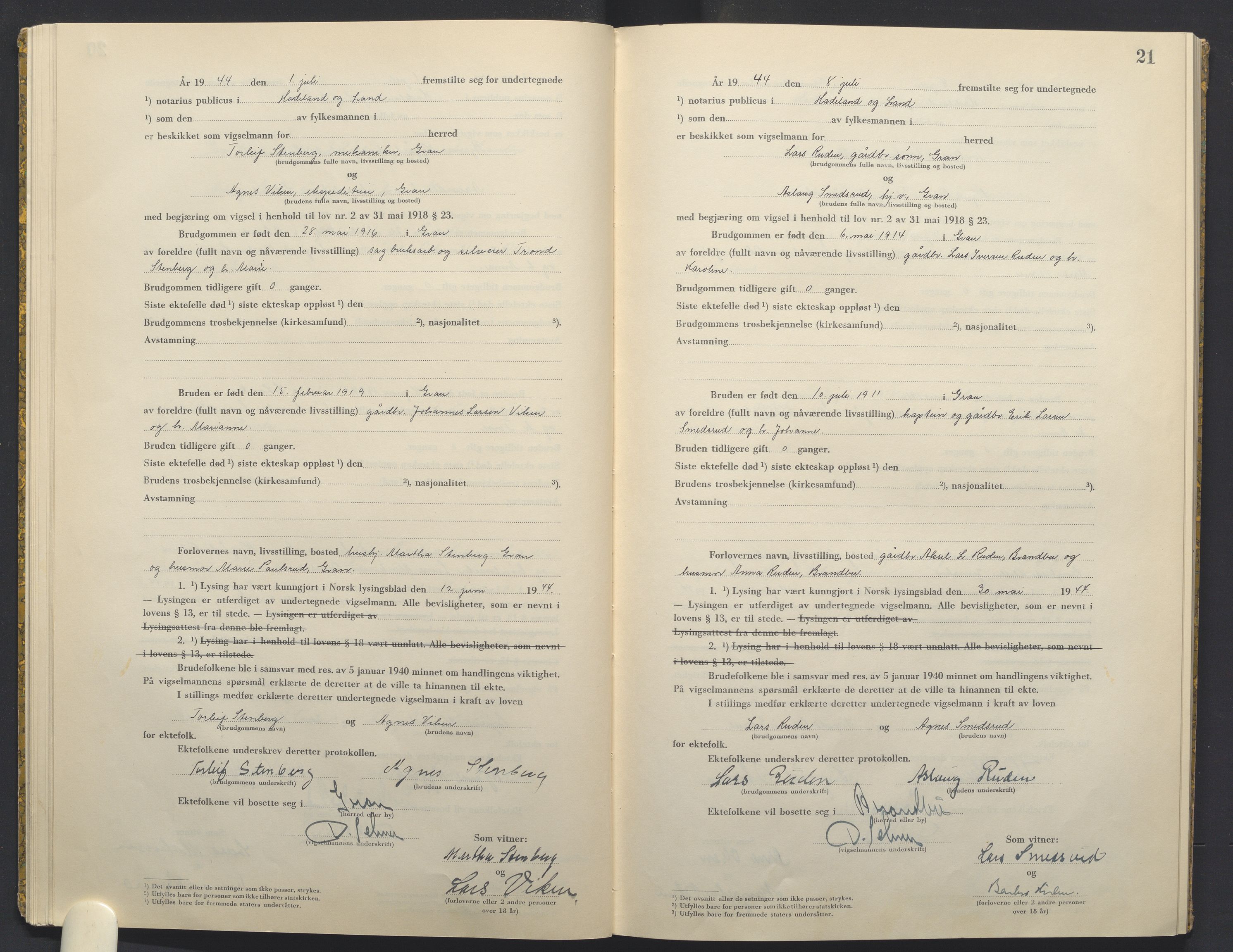 Hadeland og Land tingrett, AV/SAH-TING-010/L/Lb/L0003: Vigselbok, 1944-1946, s. 21