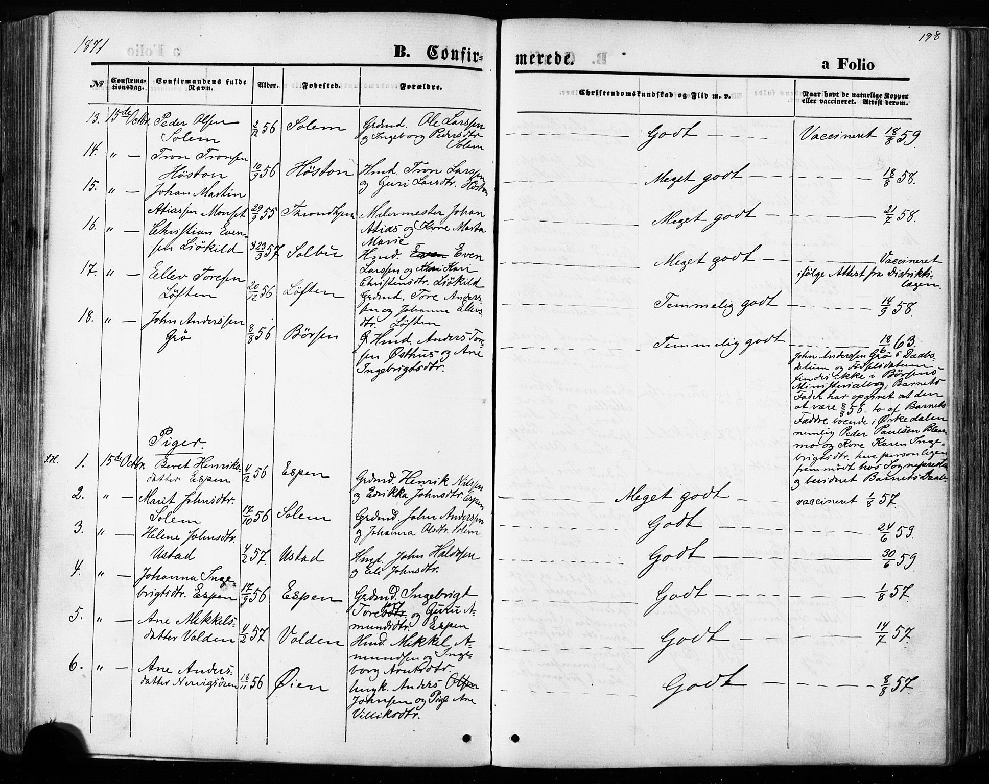 Ministerialprotokoller, klokkerbøker og fødselsregistre - Sør-Trøndelag, SAT/A-1456/668/L0807: Ministerialbok nr. 668A07, 1870-1880, s. 198
