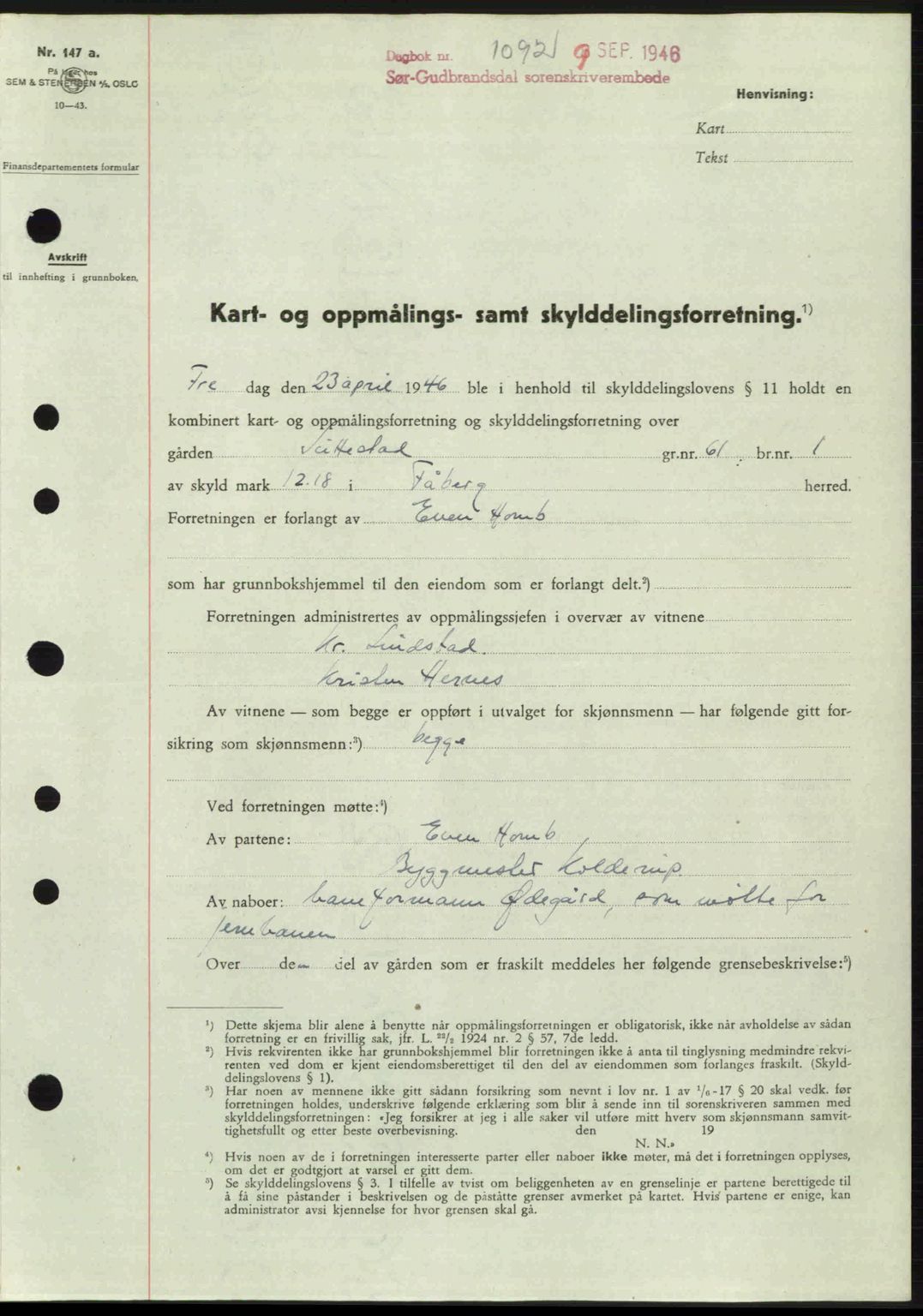 Sør-Gudbrandsdal tingrett, SAH/TING-004/H/Hb/Hbd/L0016: Pantebok nr. A16, 1946-1946, Dagboknr: 1092/1946