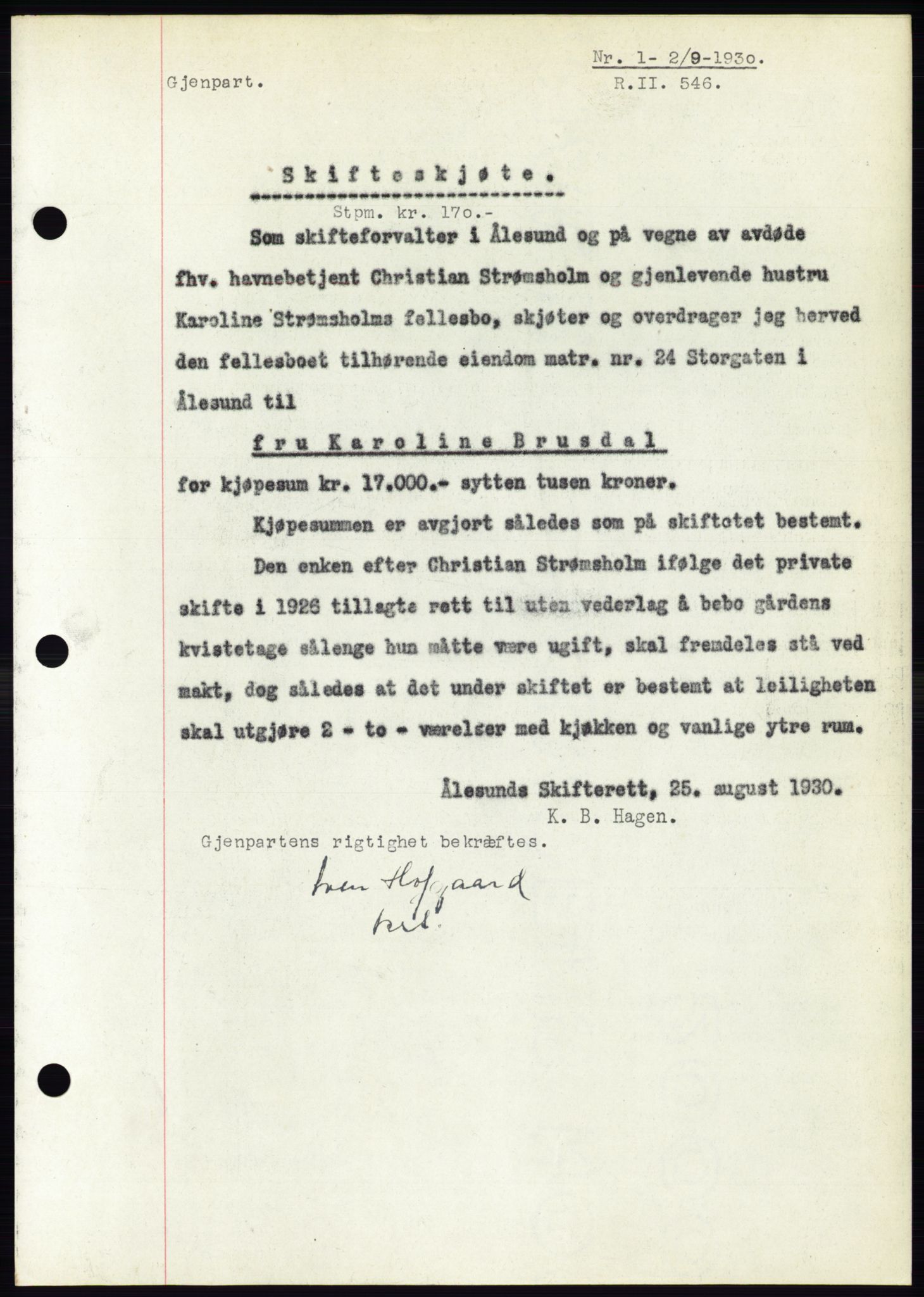 Ålesund byfogd, AV/SAT-A-4384: Pantebok nr. 26, 1930-1930, Tingl.dato: 02.09.1930