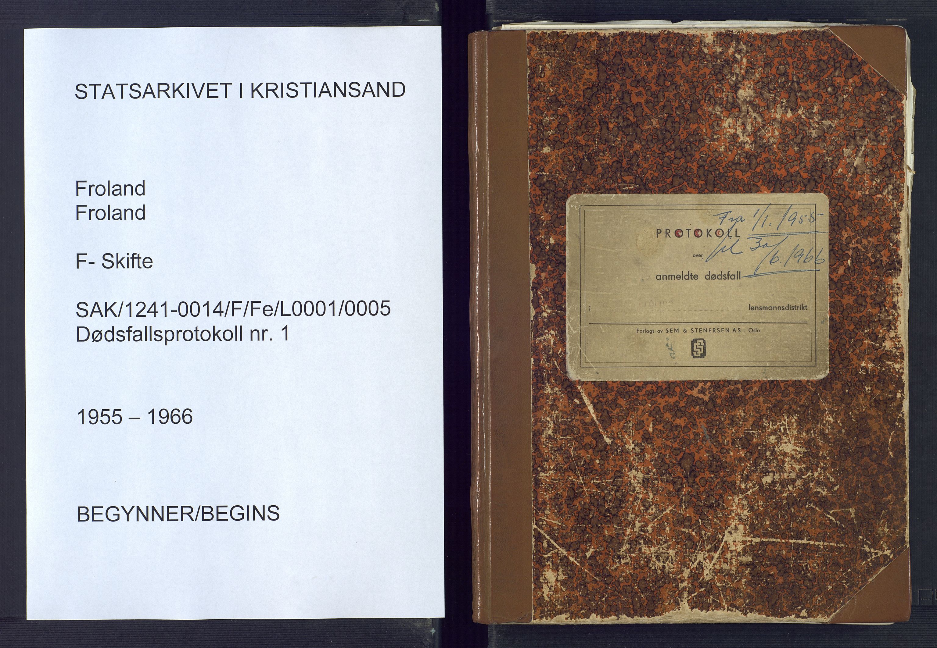Froland lensmannskontor, SAK/1241-0014/F/Fe/L0001/0005: Dødsfallsprotokoller / Dødsfallsprotokoll, 1955-1966