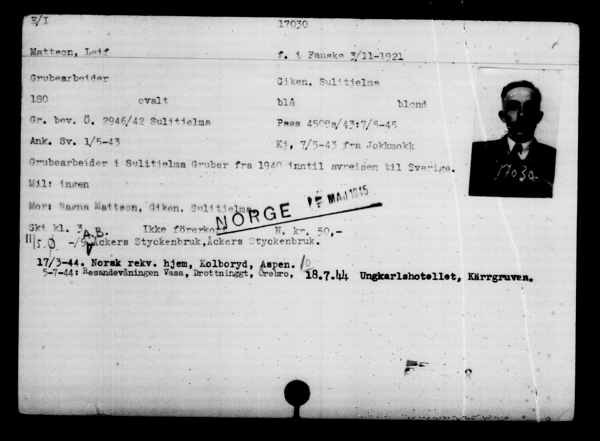 Utenriksstasjonene, Legasjonen i Stockholm, Flyktningkontoret, AV/RA-S-6753/V/Va/L0008: Kjesäterkartoteket, flyktninger med registreringsnr. 15700-18547, 1940-1945, s. 1459