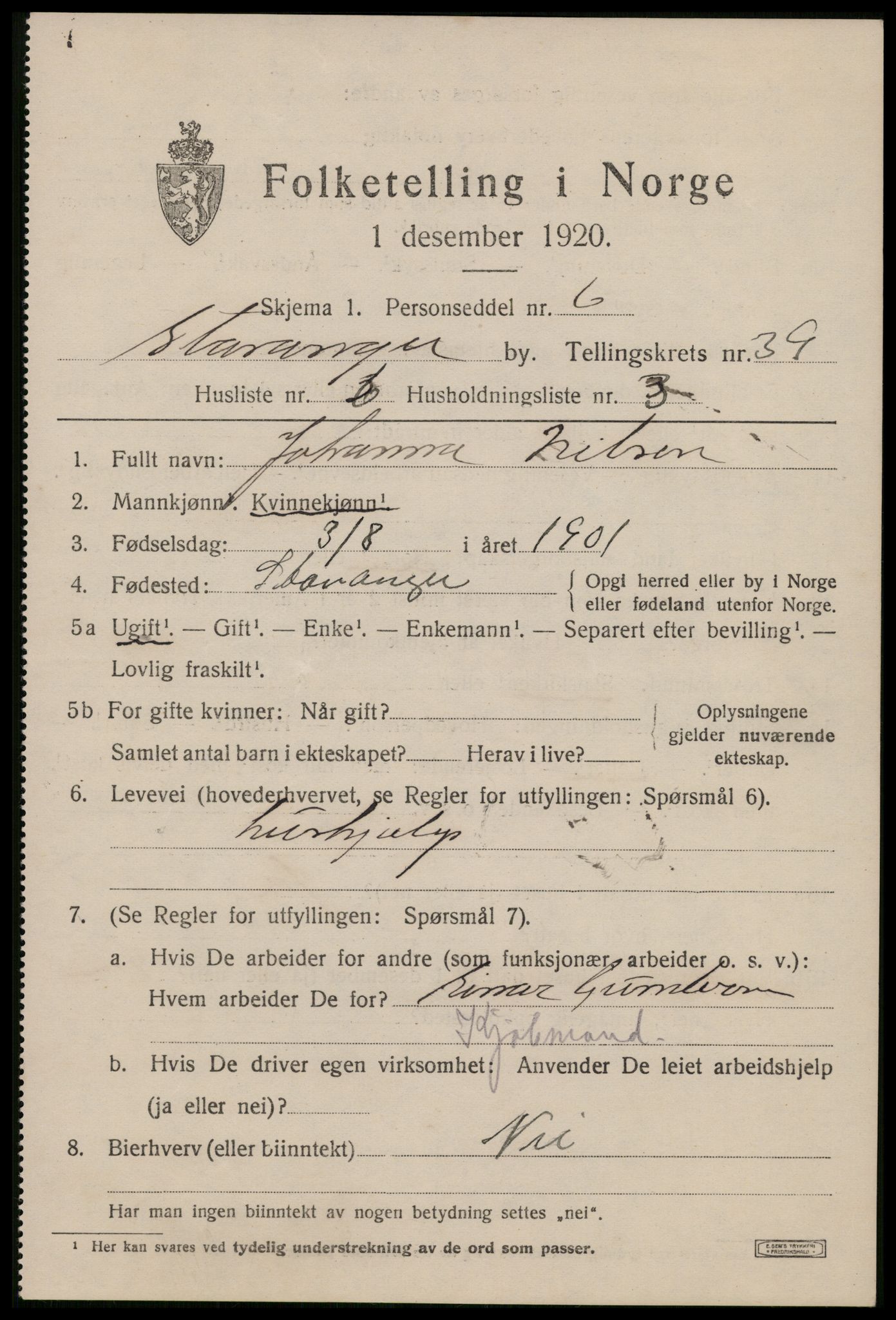 SAST, Folketelling 1920 for 1103 Stavanger kjøpstad, 1920, s. 101122
