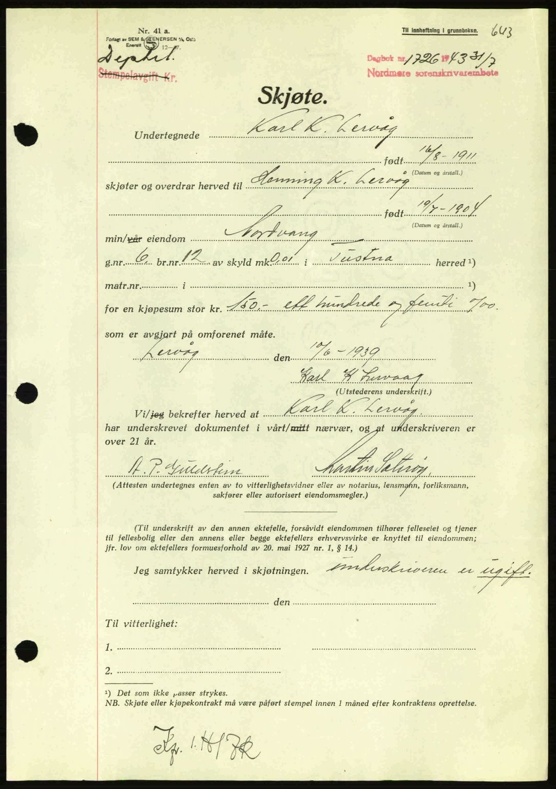 Nordmøre sorenskriveri, AV/SAT-A-4132/1/2/2Ca: Pantebok nr. A95, 1943-1943, Dagboknr: 1726/1943