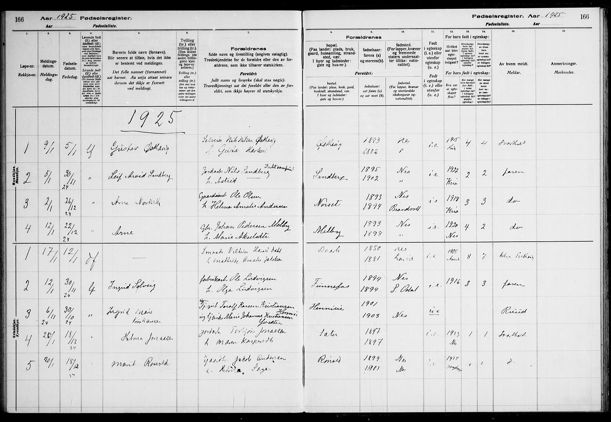 Nes prestekontor Kirkebøker, SAO/A-10410/J/Ja/L0001: Fødselsregister nr. 1, 1916-1926, s. 166