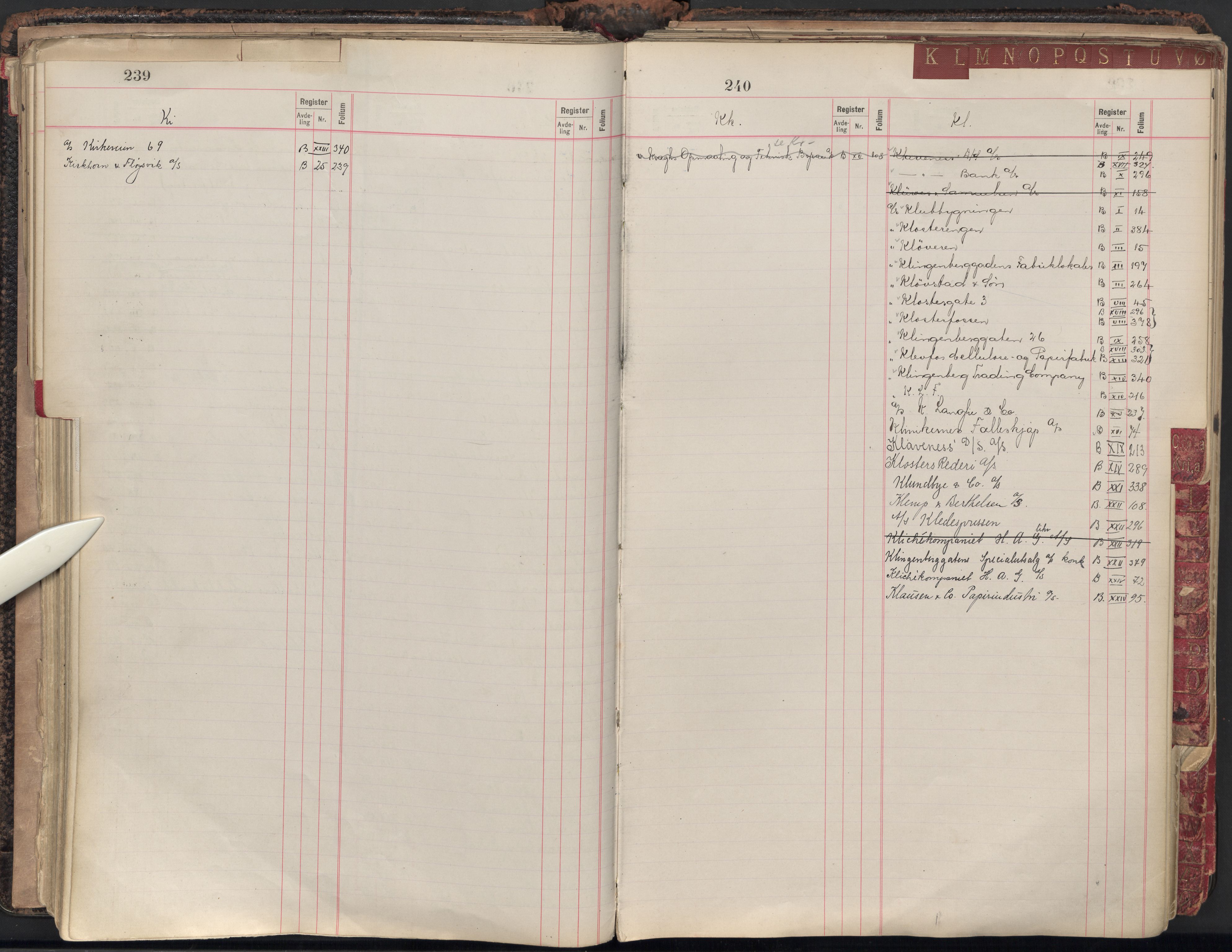 Oslo byfogd avd. II, AV/SAO-A-10942/G/Ga/Gaa/L0005: Firmaregister: B 1-25, aksjeselskaper, s. 239-240