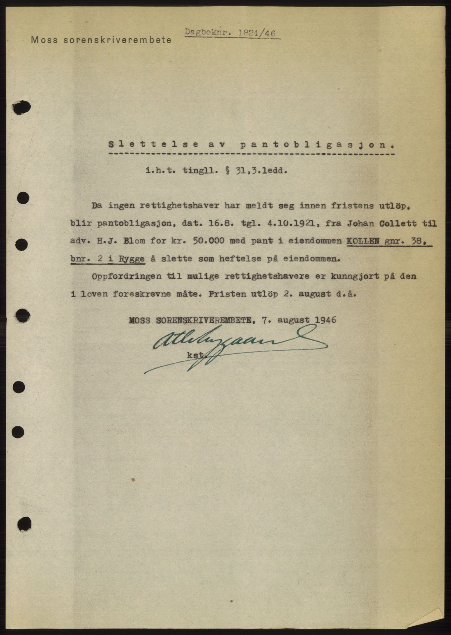 Moss sorenskriveri, SAO/A-10168: Pantebok nr. B15, 1946-1946, Dagboknr: 1824/1946