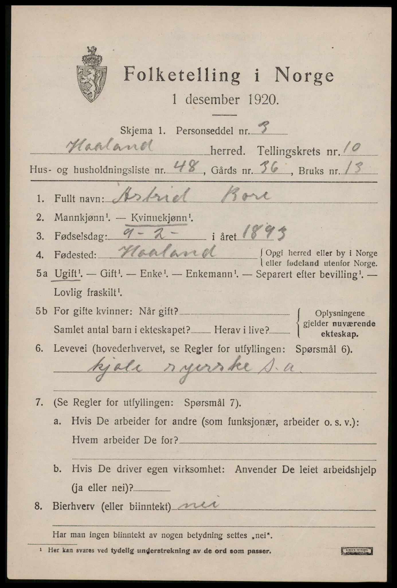 SAST, Folketelling 1920 for 1124 Håland herred, 1920, s. 7945