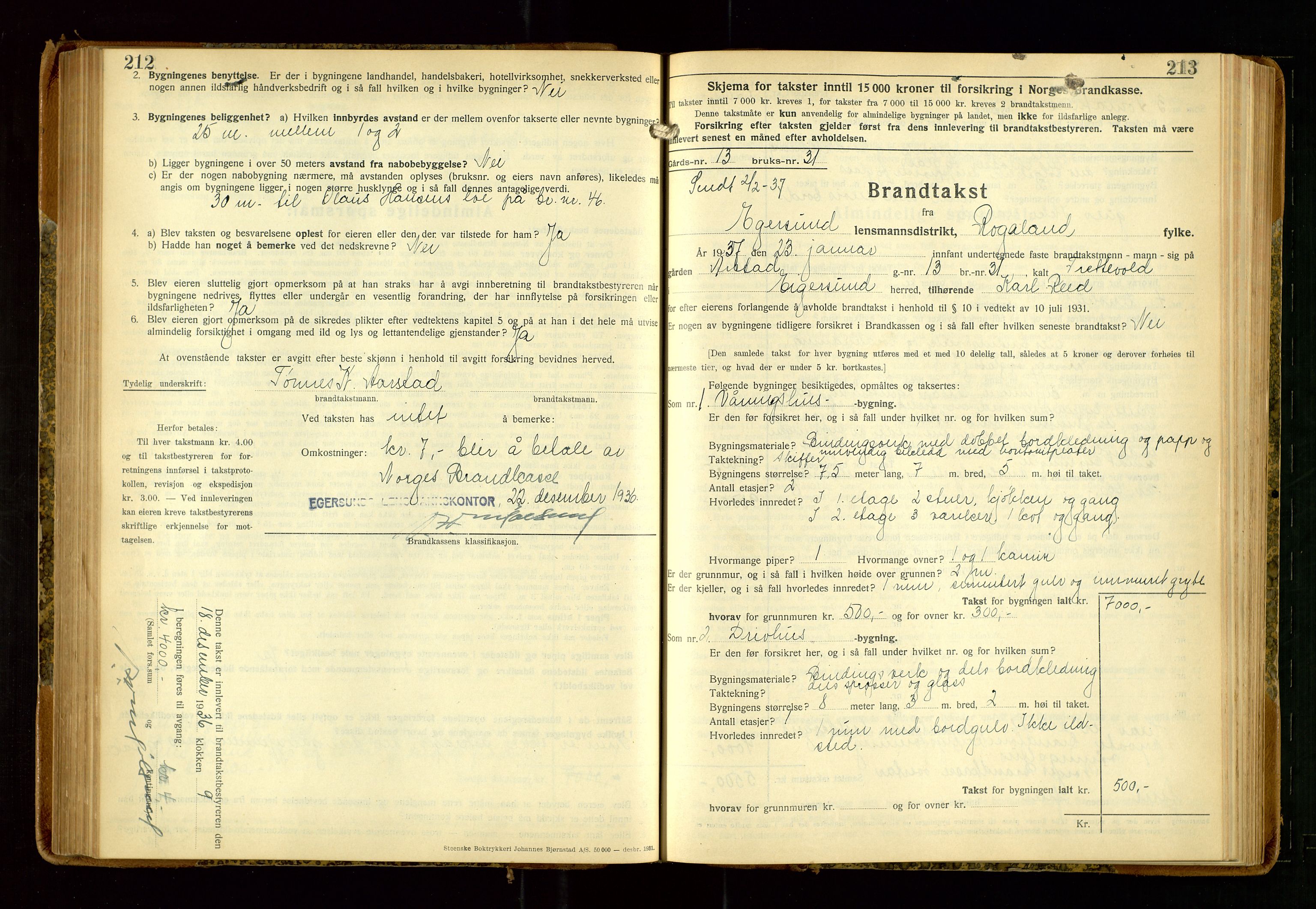 Eigersund lensmannskontor, AV/SAST-A-100171/Gob/L0006: "Brandtakstprotokoll", 1934-1938, s. 212-213