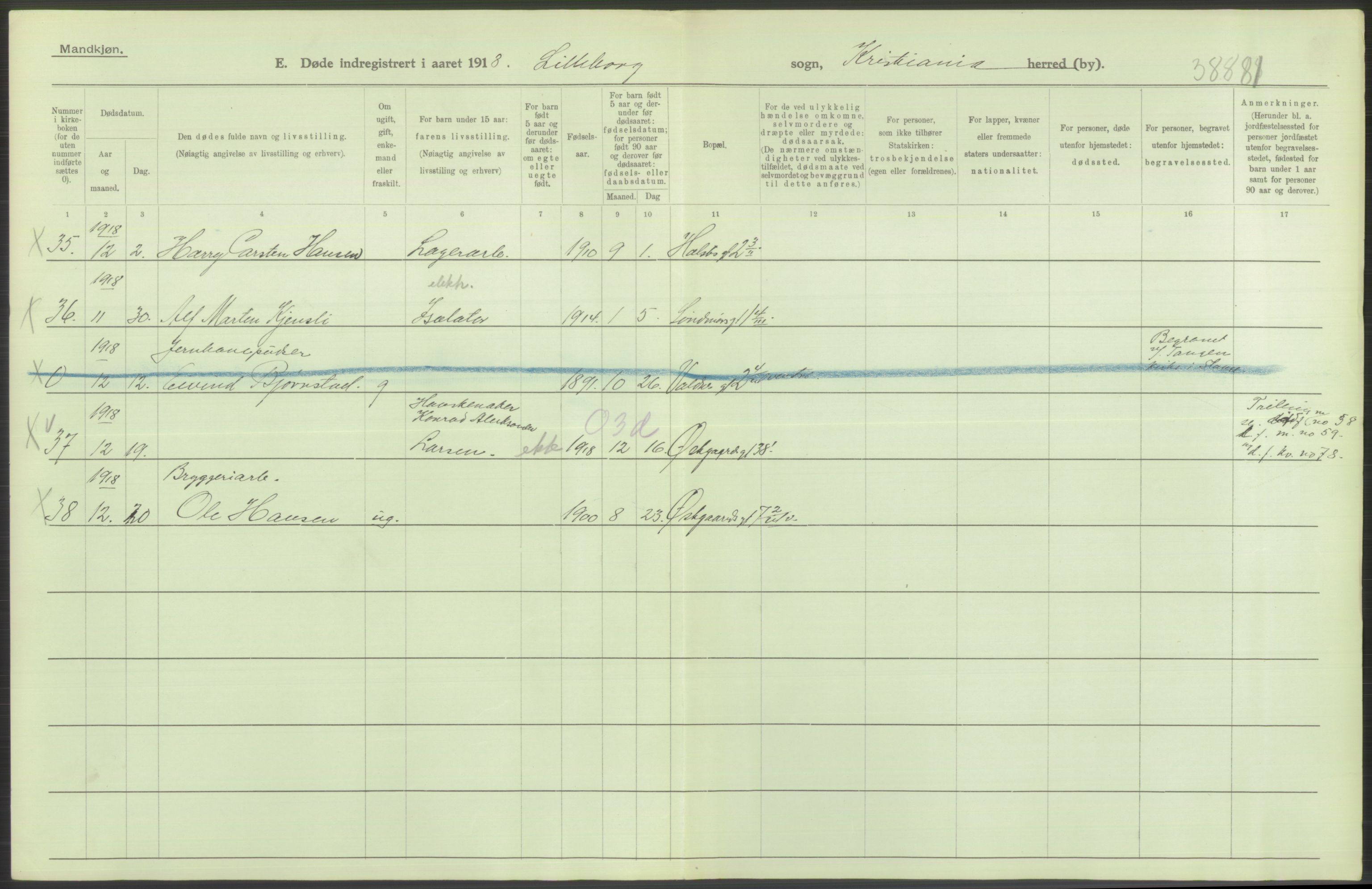 Statistisk sentralbyrå, Sosiodemografiske emner, Befolkning, AV/RA-S-2228/D/Df/Dfb/Dfbh/L0010: Kristiania: Døde, 1918, s. 450