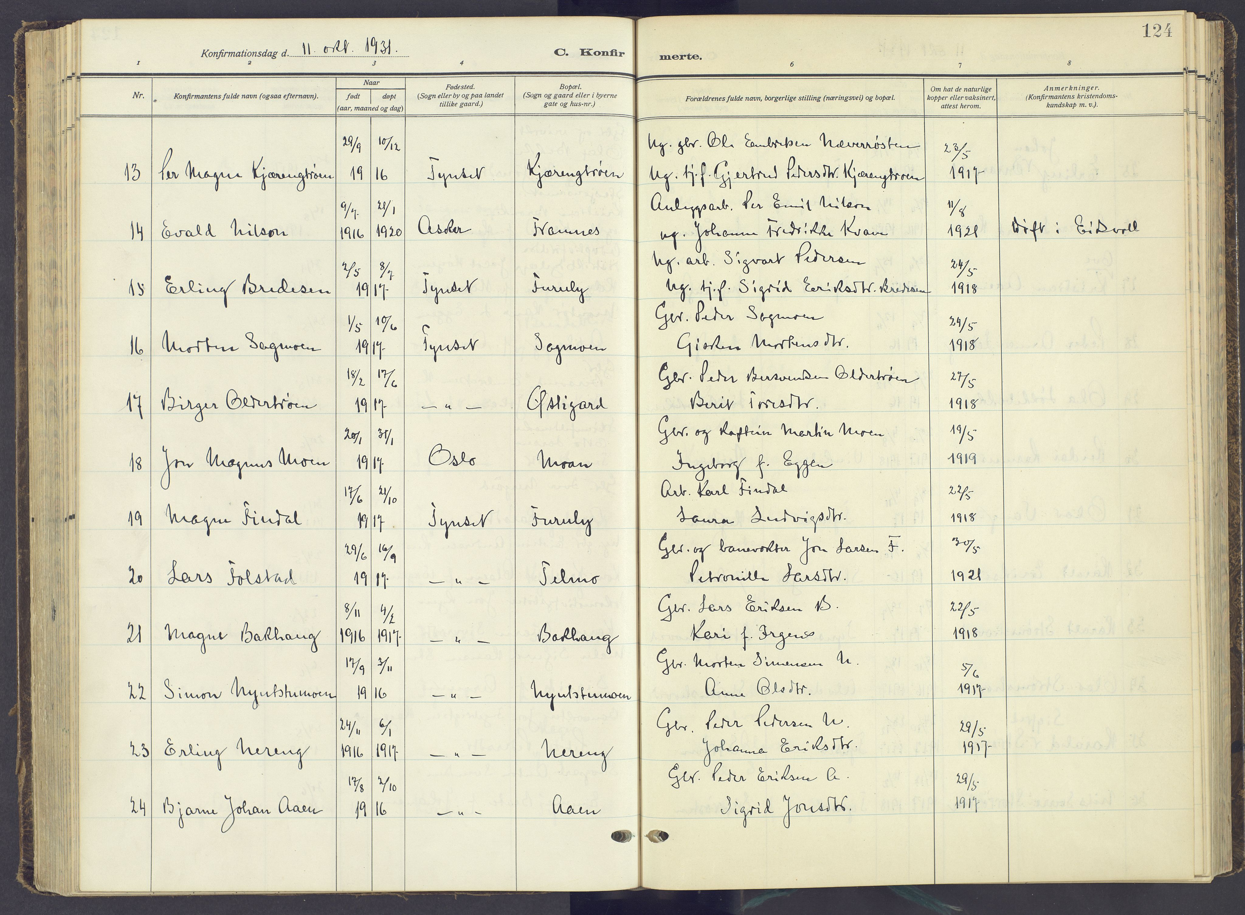 Tynset prestekontor, AV/SAH-PREST-058/H/Ha/Haa/L0027: Ministerialbok nr. 27, 1930-1944, s. 124