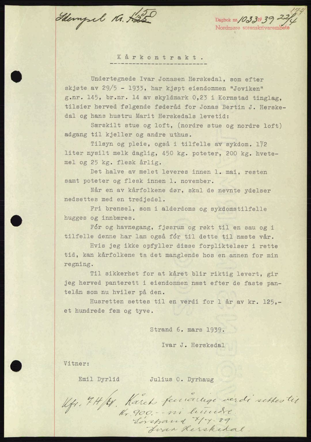 Nordmøre sorenskriveri, SAT/A-4132/1/2/2Ca: Pantebok nr. B85, 1939-1939, Dagboknr: 1033/1939