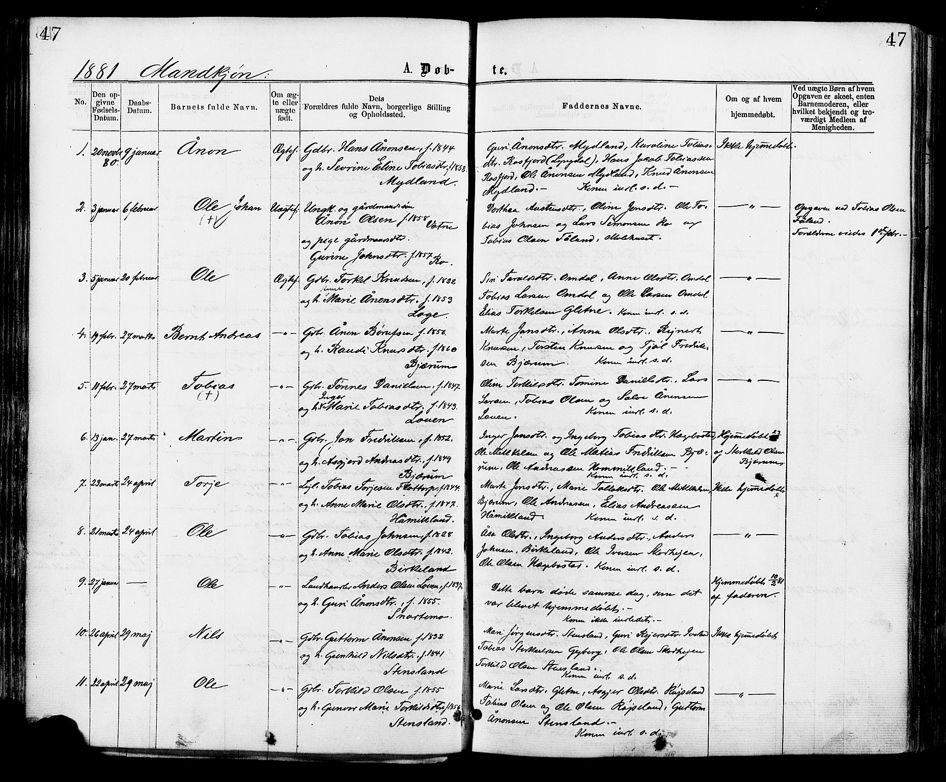 Hægebostad sokneprestkontor, SAK/1111-0024/F/Fa/Faa/L0005: Ministerialbok nr. A 5, 1864-1886, s. 47