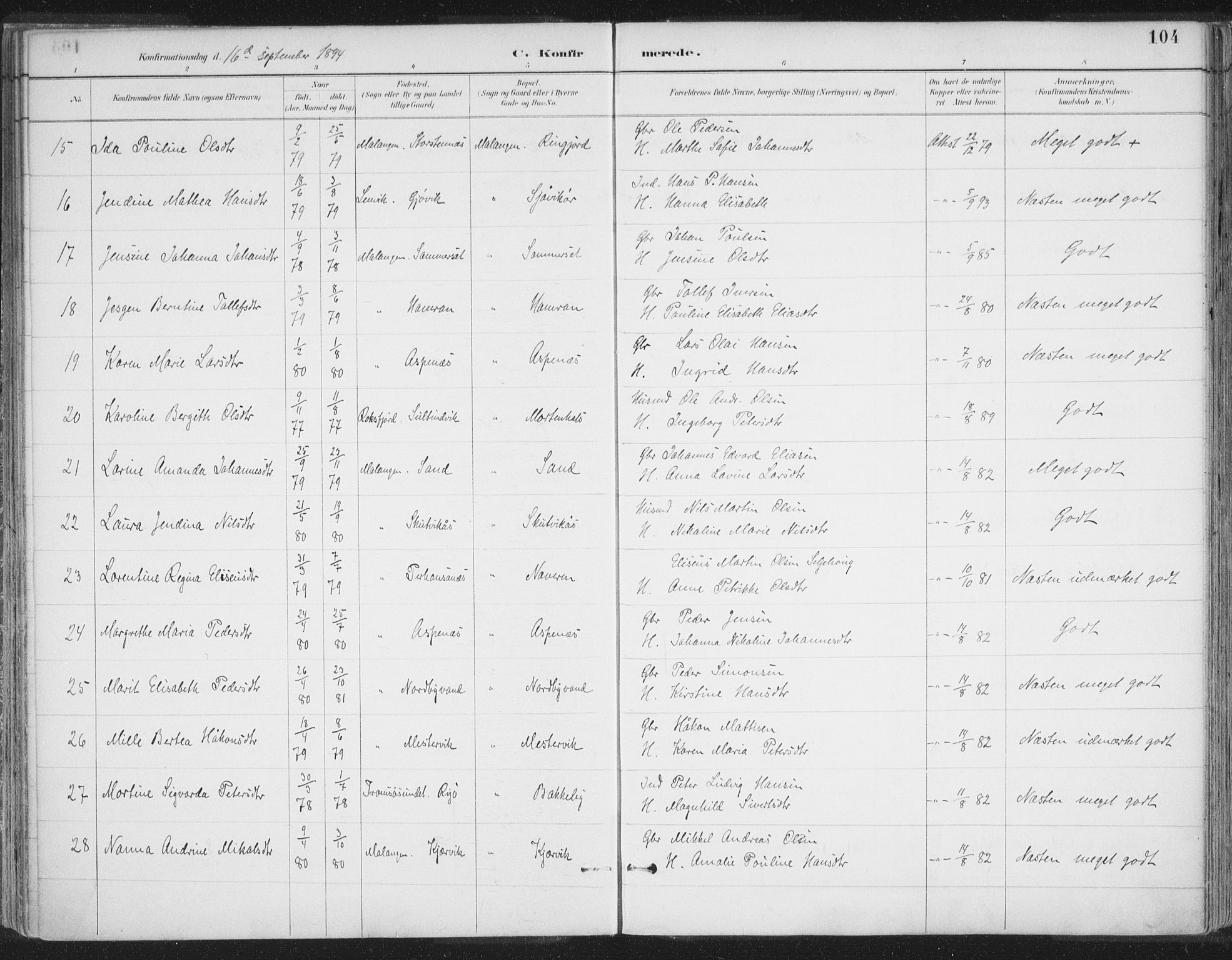 Balsfjord sokneprestembete, AV/SATØ-S-1303/G/Gaa/L0007kirke: Ministerialbok nr. 7, 1887-1909, s. 104