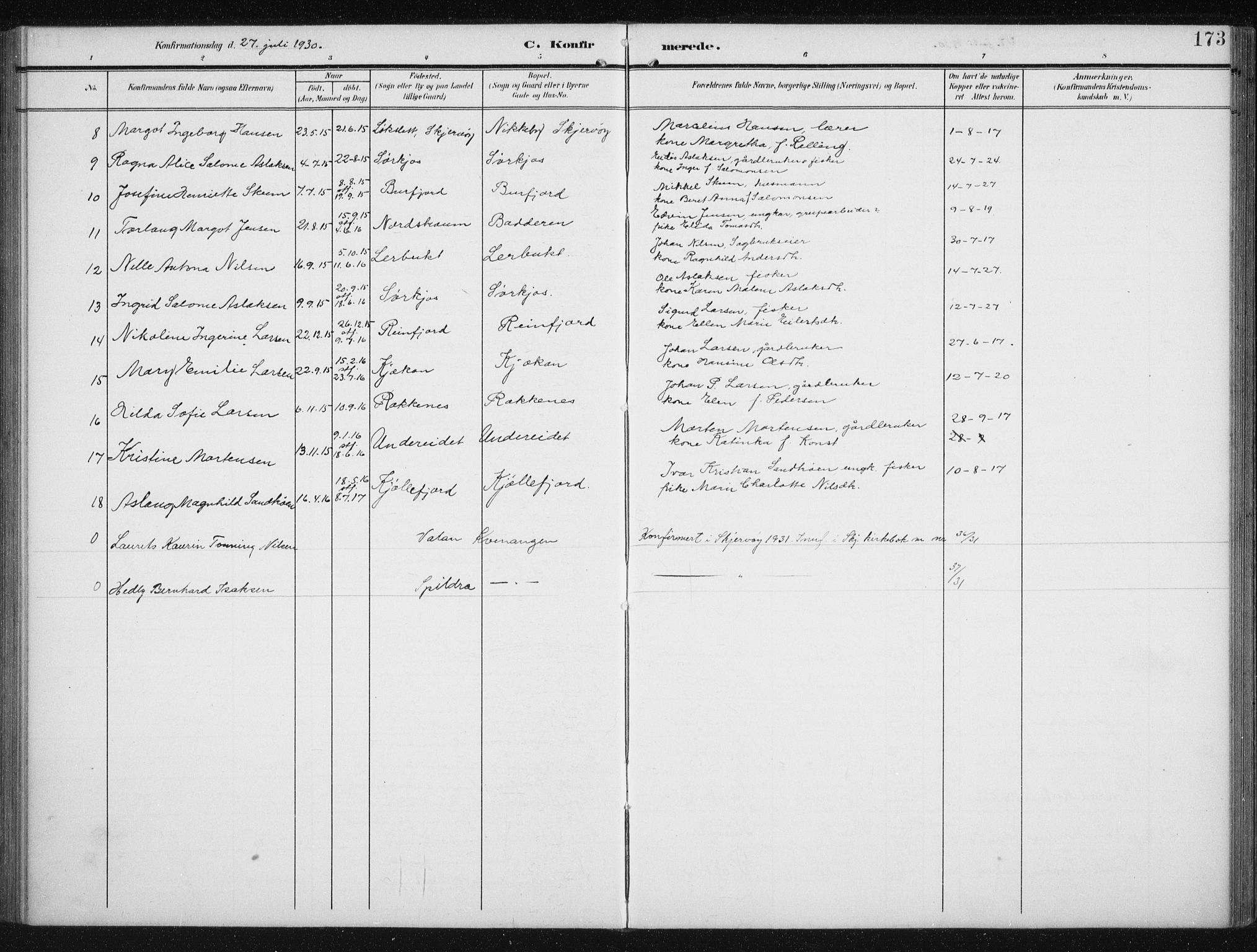 Skjervøy sokneprestkontor, SATØ/S-1300/H/Ha/Hab/L0017klokker: Klokkerbok nr. 17, 1906-1941, s. 173