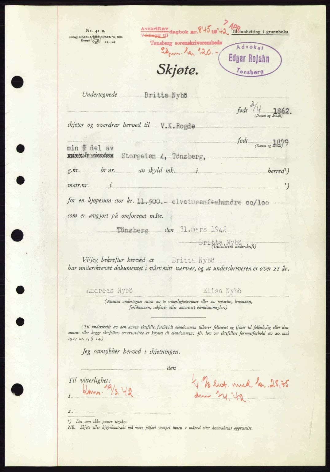 Tønsberg sorenskriveri, AV/SAKO-A-130/G/Ga/Gaa/L0011: Pantebok nr. A11, 1941-1942, Dagboknr: 845/1942