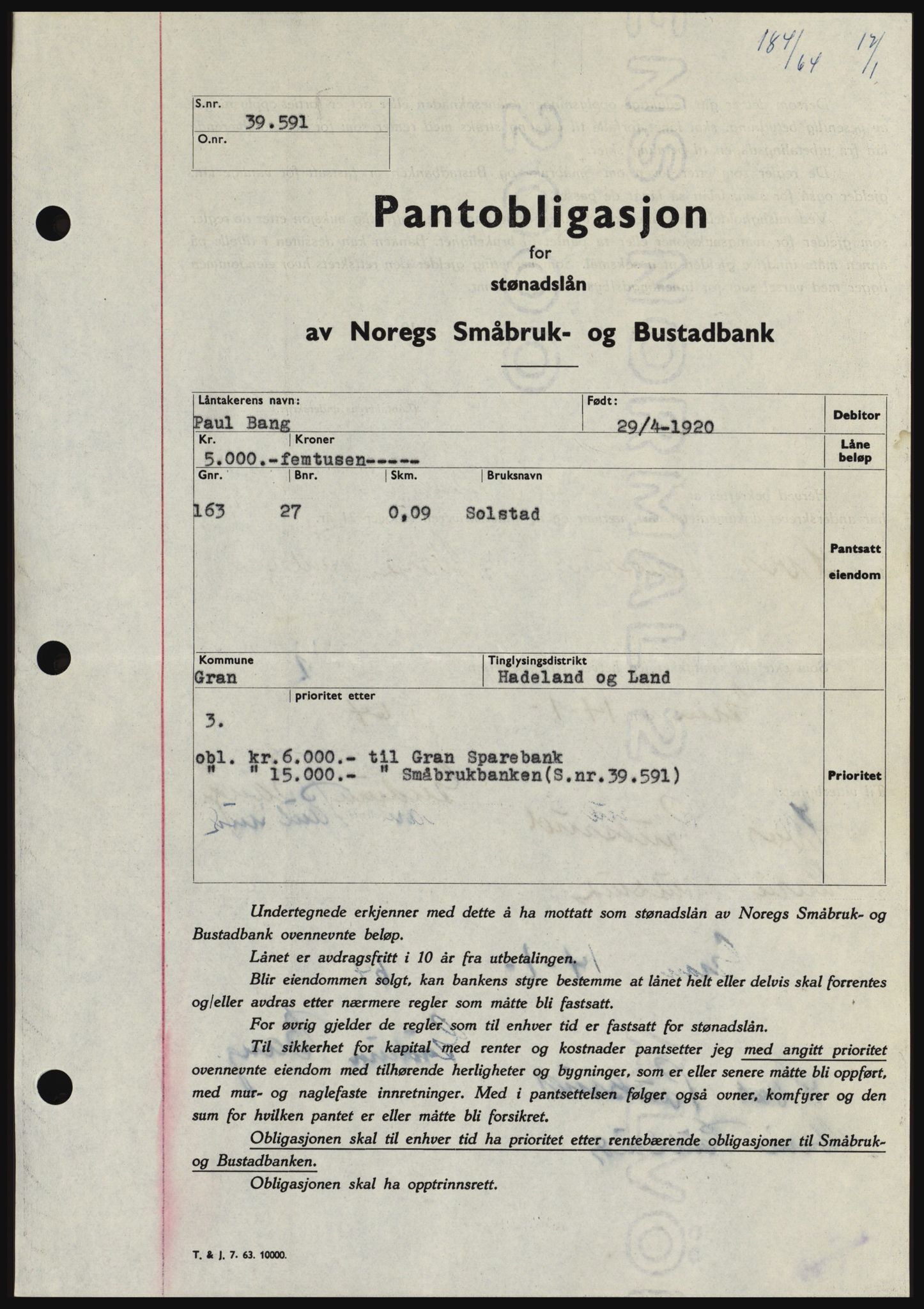 Hadeland og Land tingrett, SAH/TING-010/H/Hb/Hbc/L0053: Pantebok nr. B53, 1963-1964, Dagboknr: 184/1964