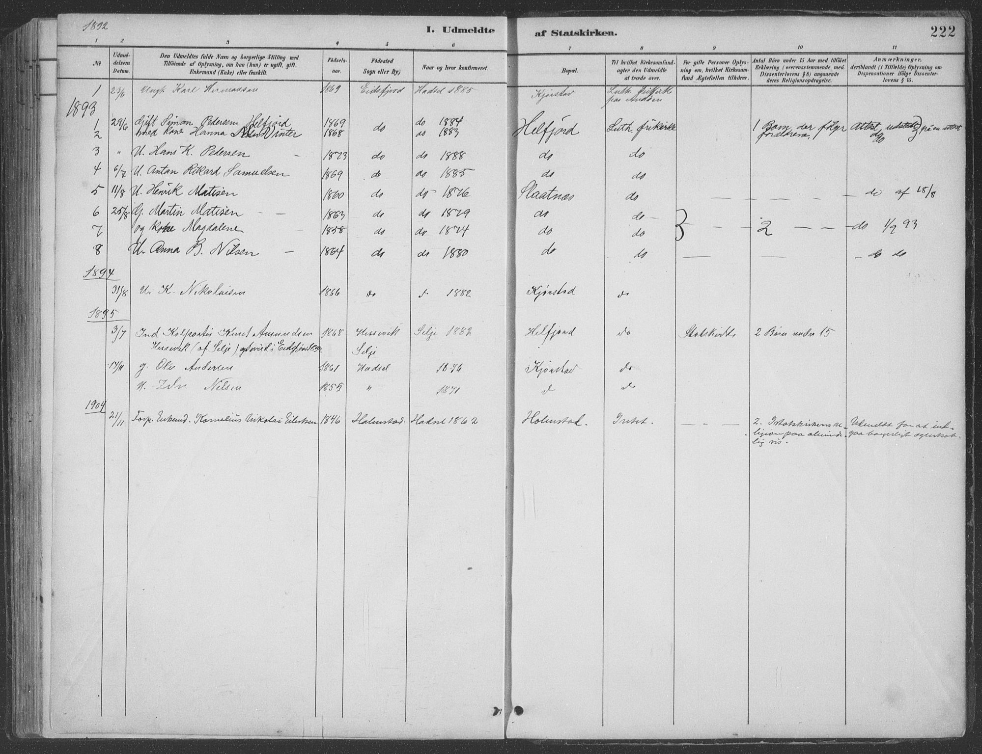 Ministerialprotokoller, klokkerbøker og fødselsregistre - Nordland, SAT/A-1459/890/L1290: Klokkerbok nr. 890C01, 1882-1911, s. 222