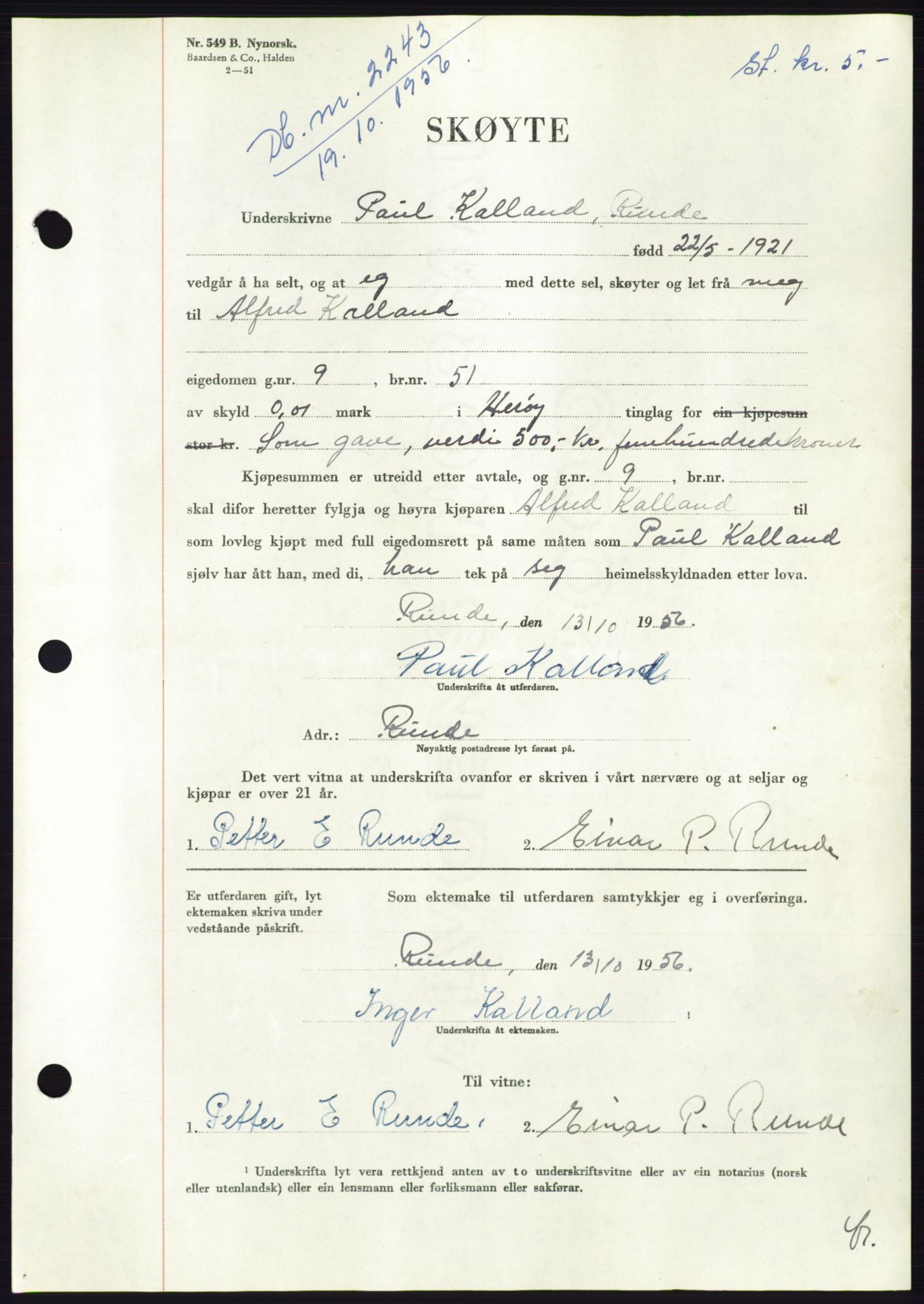 Søre Sunnmøre sorenskriveri, AV/SAT-A-4122/1/2/2C/L0104: Pantebok nr. 30A, 1956-1956, Dagboknr: 2243/1956