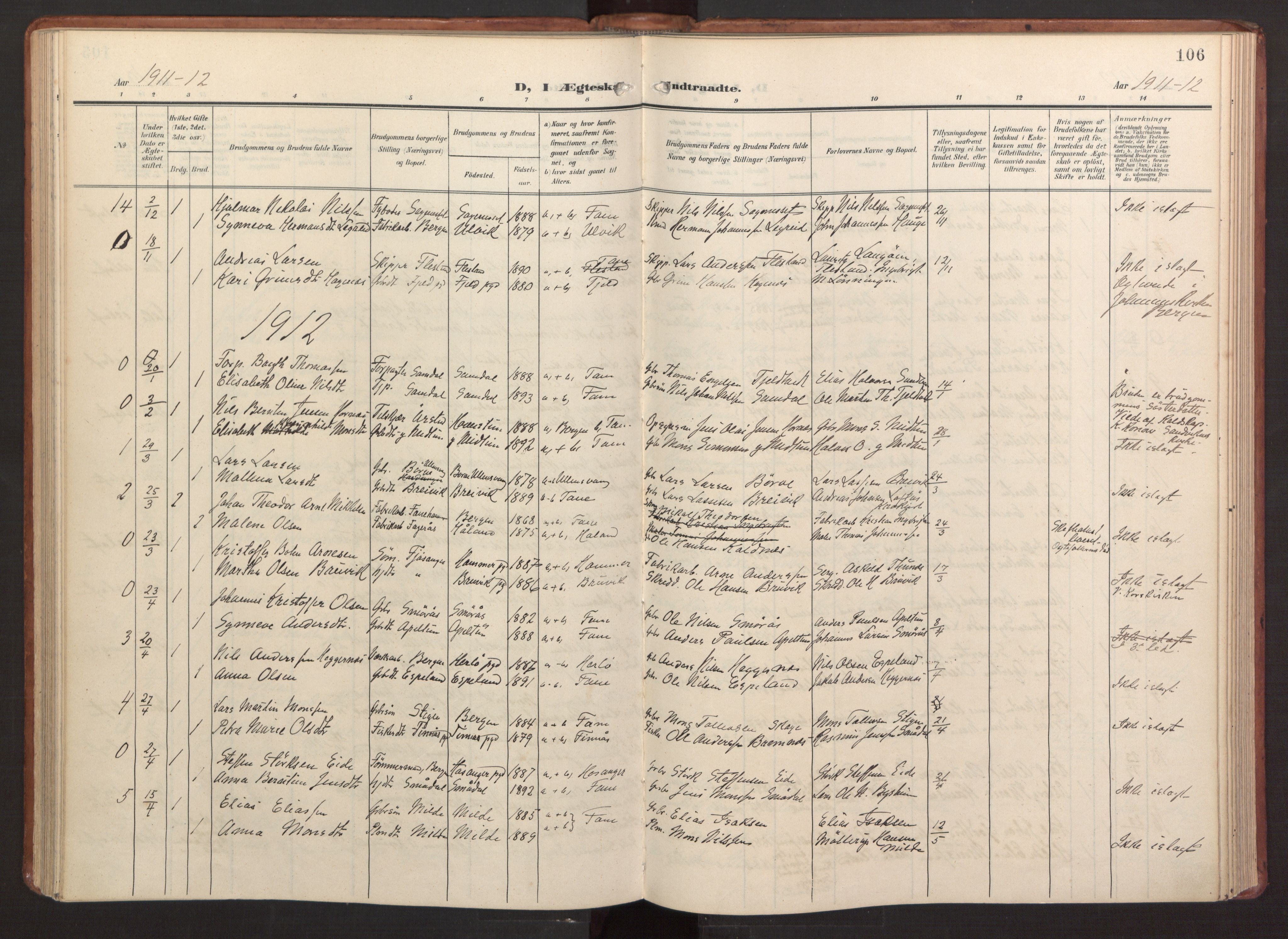 Fana Sokneprestembete, AV/SAB-A-75101/H/Haa/Haab/L0004: Ministerialbok nr. B 4, 1908-1915, s. 106