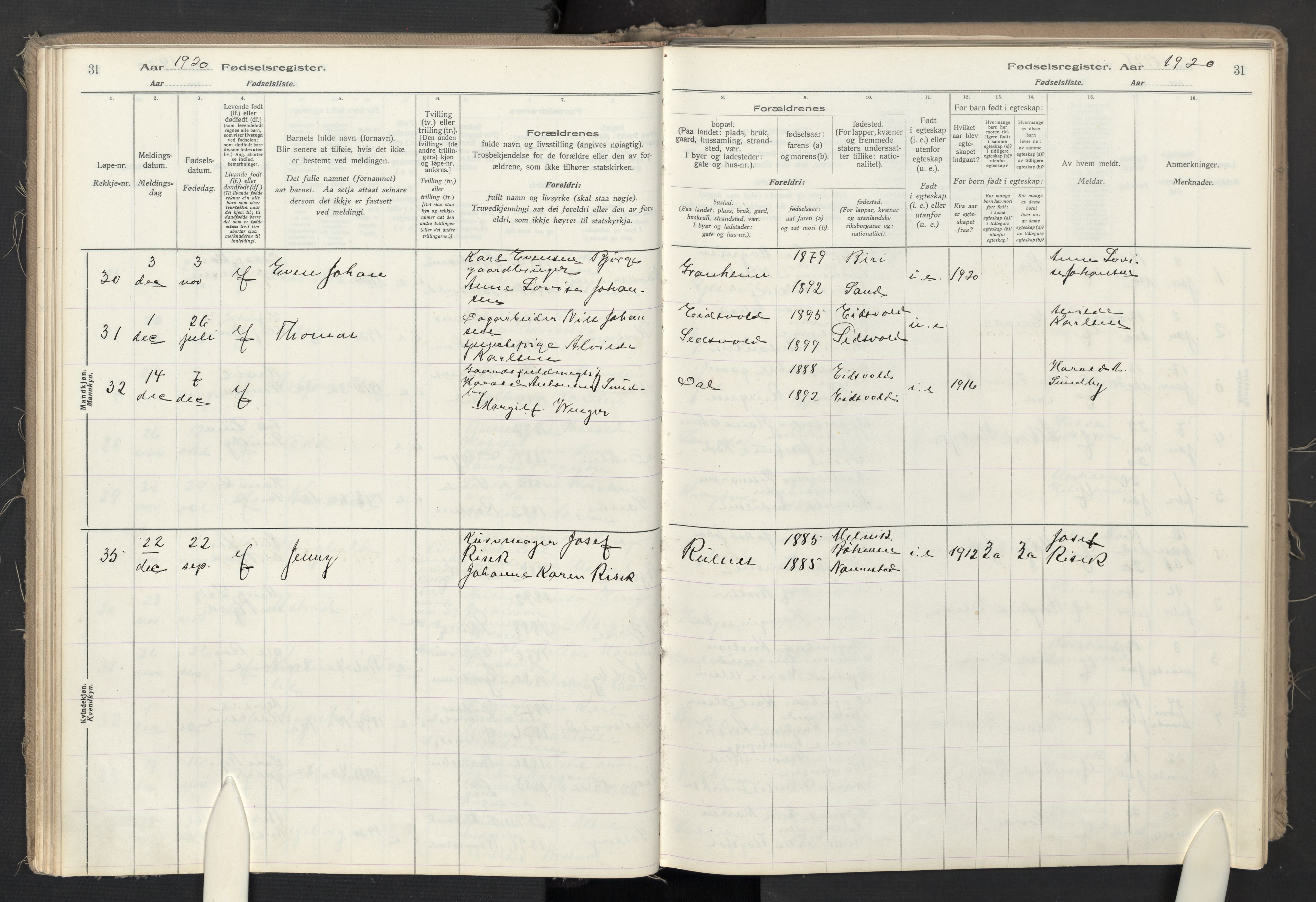 Ullensaker prestekontor Kirkebøker, AV/SAO-A-10236a/J/Jb/L0001: Fødselsregister nr. II 1, 1916-1946, s. 31