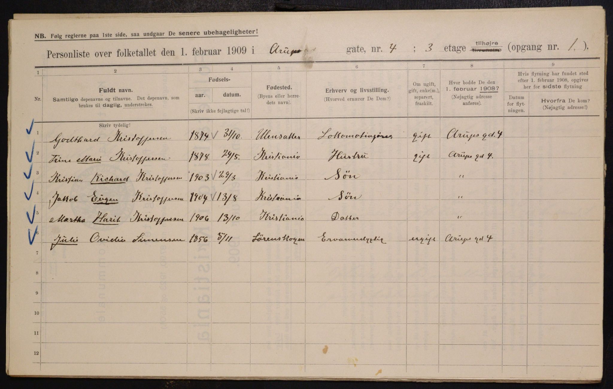 OBA, Kommunal folketelling 1.2.1909 for Kristiania kjøpstad, 1909, s. 2065