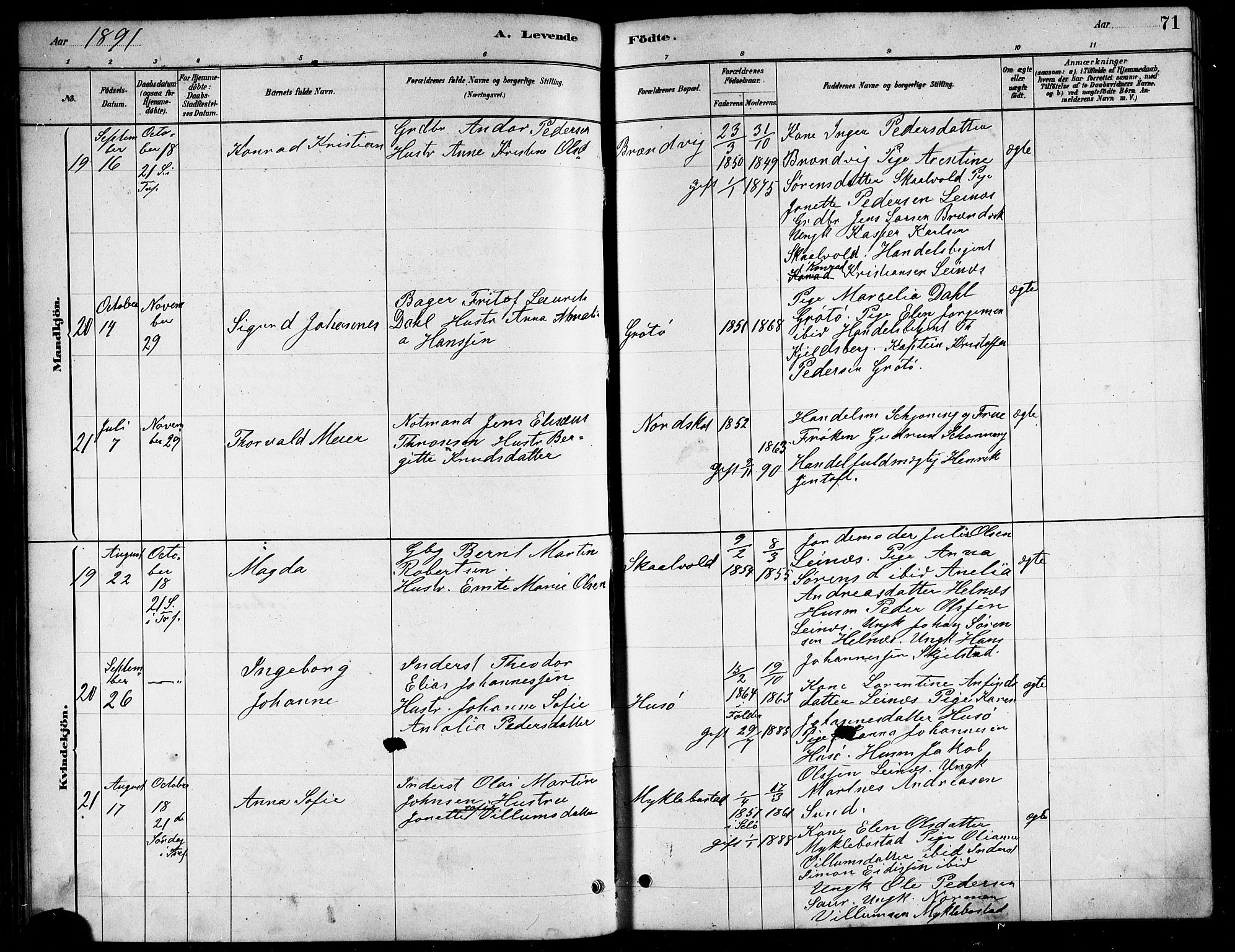 Ministerialprotokoller, klokkerbøker og fødselsregistre - Nordland, AV/SAT-A-1459/857/L0828: Klokkerbok nr. 857C03, 1879-1908, s. 71