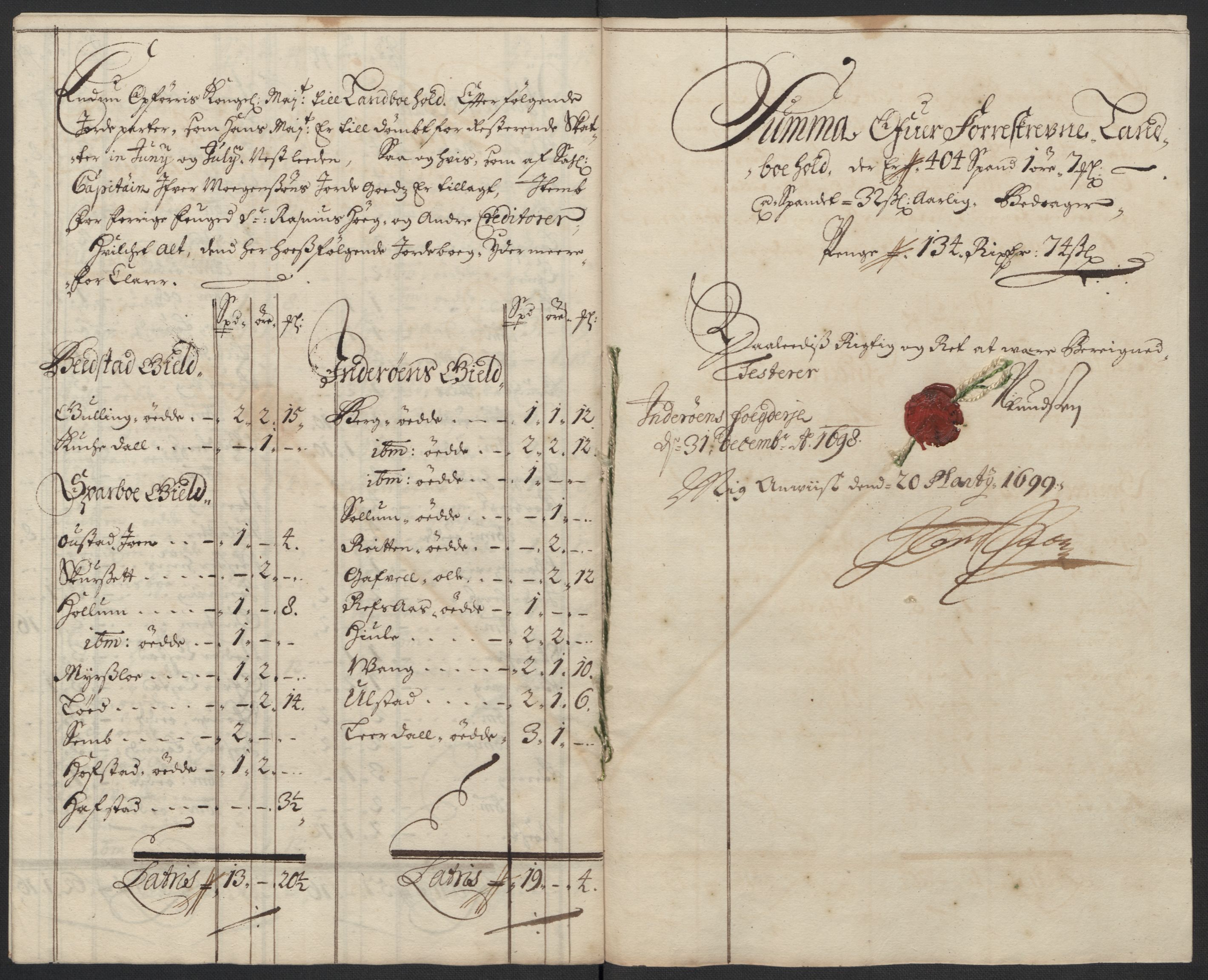 Rentekammeret inntil 1814, Reviderte regnskaper, Fogderegnskap, AV/RA-EA-4092/R63/L4310: Fogderegnskap Inderøy, 1698-1699, s. 139