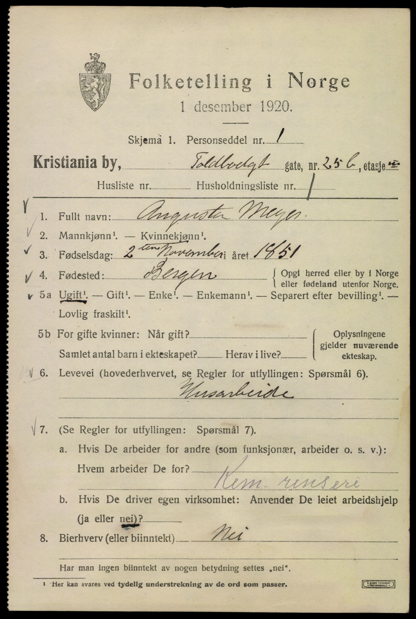 SAO, Folketelling 1920 for 0301 Kristiania kjøpstad, 1920, s. 588567