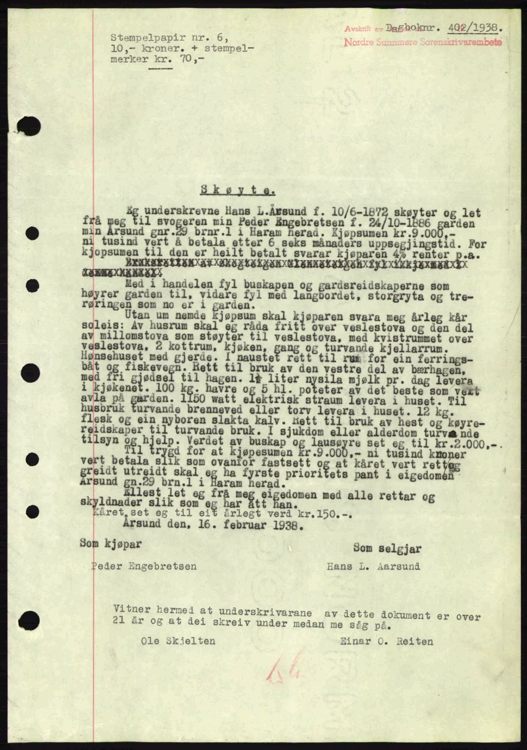 Nordre Sunnmøre sorenskriveri, AV/SAT-A-0006/1/2/2C/2Ca: Pantebok nr. A4, 1937-1938, Dagboknr: 402/1938