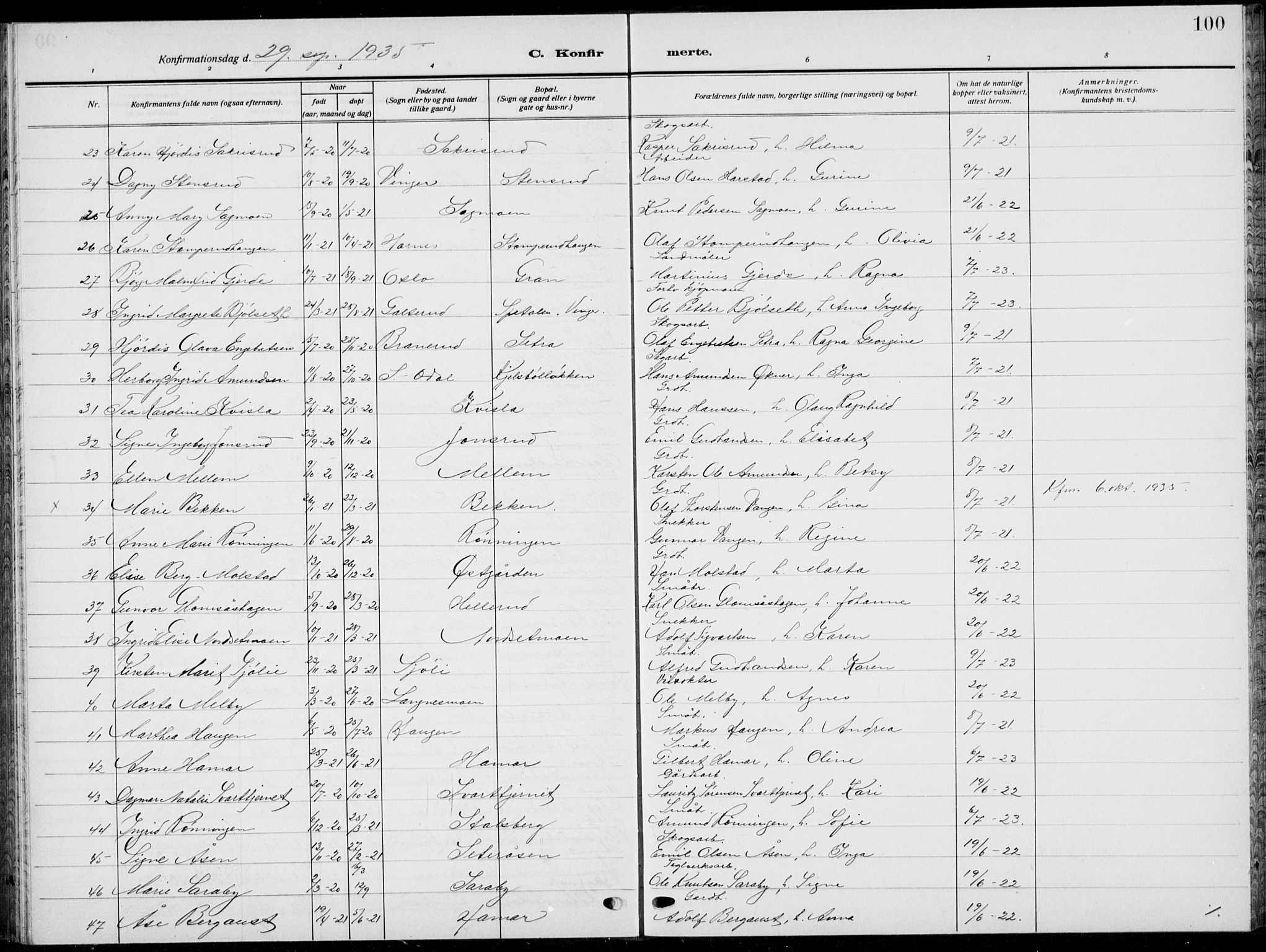 Sør-Odal prestekontor, AV/SAH-PREST-030/H/Ha/Hab/L0011: Klokkerbok nr. 11, 1922-1939, s. 100