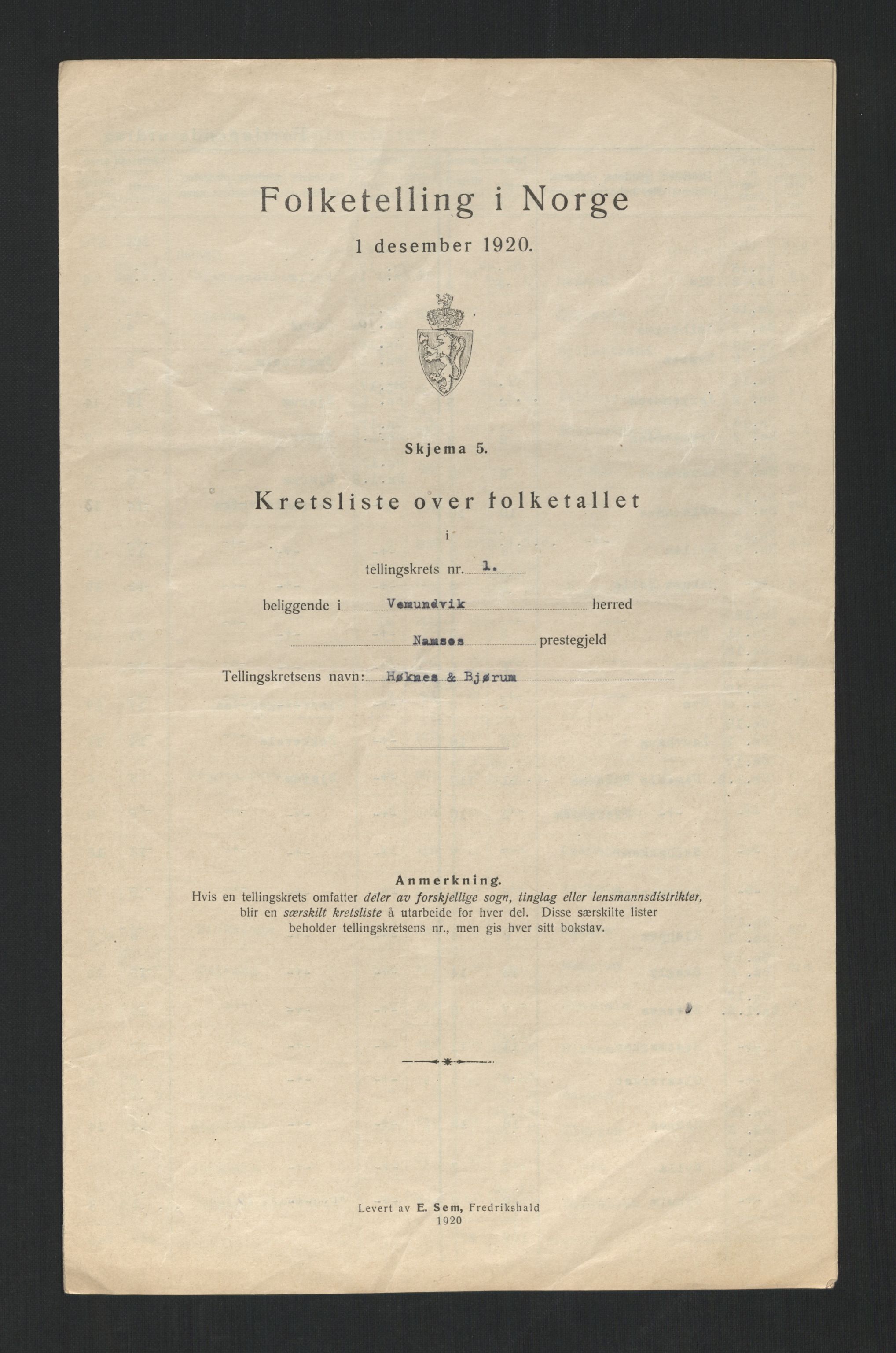 SAT, Folketelling 1920 for 1745 Vemundvik herred, 1920, s. 7